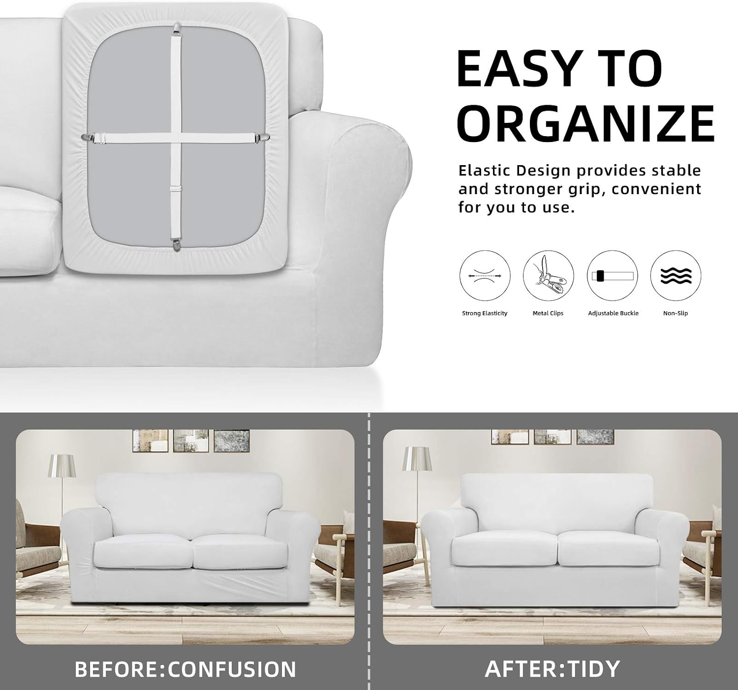 Easy-Going 2Pcs Adjustable Sofa Slipcover Straps Clips,40inch, Elastic Bed Mattress Sheet Fasteners Holder and Suspenders, Grippers to Hold Sheet, Mattress Cover, Couch Cushion, Table Cloth (White)