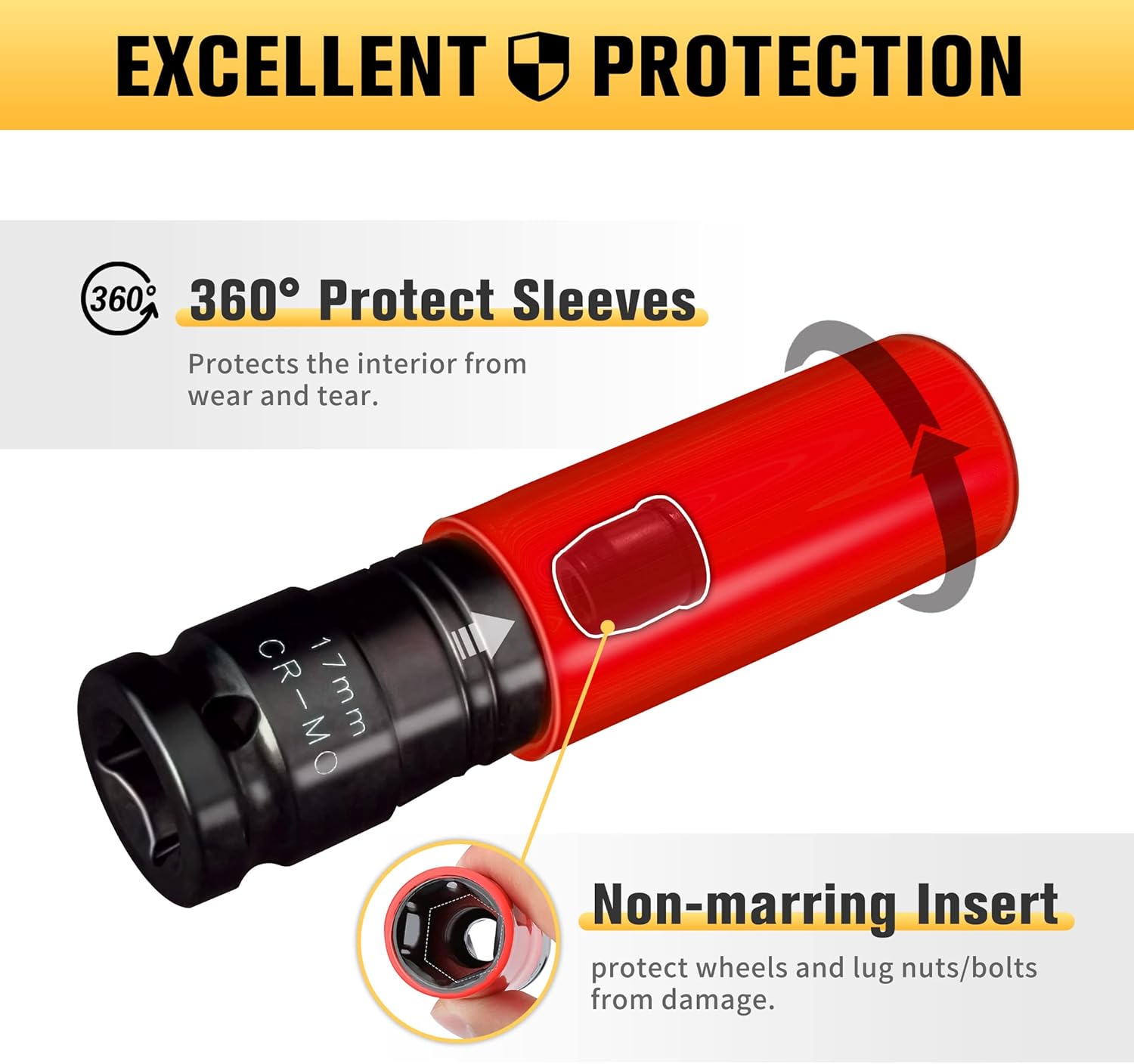 BOEN 1/2" Drive Wheel Protector Impact Socket, Non-Marring Lug Nut Thin Wall Deep Socket Set, CR-MO, 6 Point, Color-Coded Protective Socket | Metric 17 19 21 mm (3 PCS) - Image 5