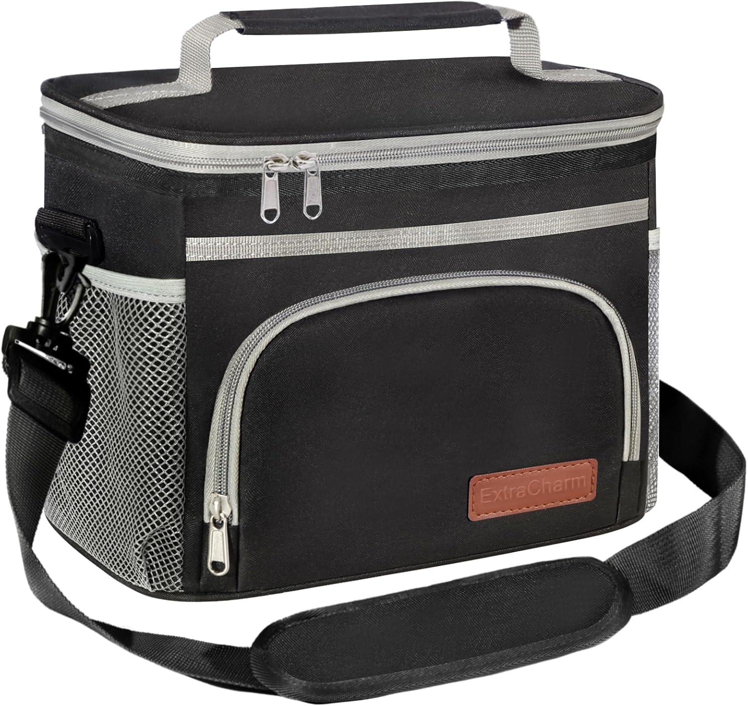 ExtraCharm Insulated Lunch Bag for Women/Men - Reusable Lunch Box for Office Picnic Hiking Beach - Leakproof Cooler Tote Bag Organizer with Adjustable Shoulder Strap for Adults - Black