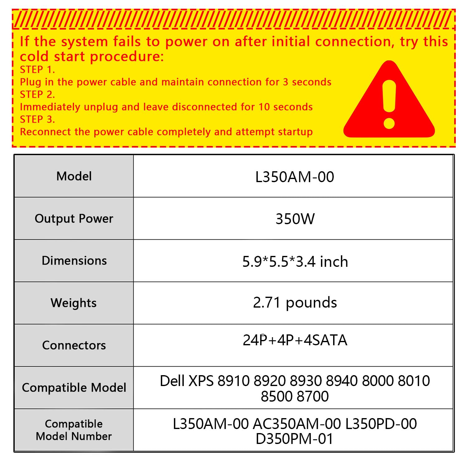 L350AM-00 350W Power Supply Compatible with Dell XPS 8910 8920 8930 8940 8000 8010 8500 8700 9010MT 5675 5676 5680 D350PM-01 L350PD-00 AC350AM-00 PCF001 PS-6351-6DF