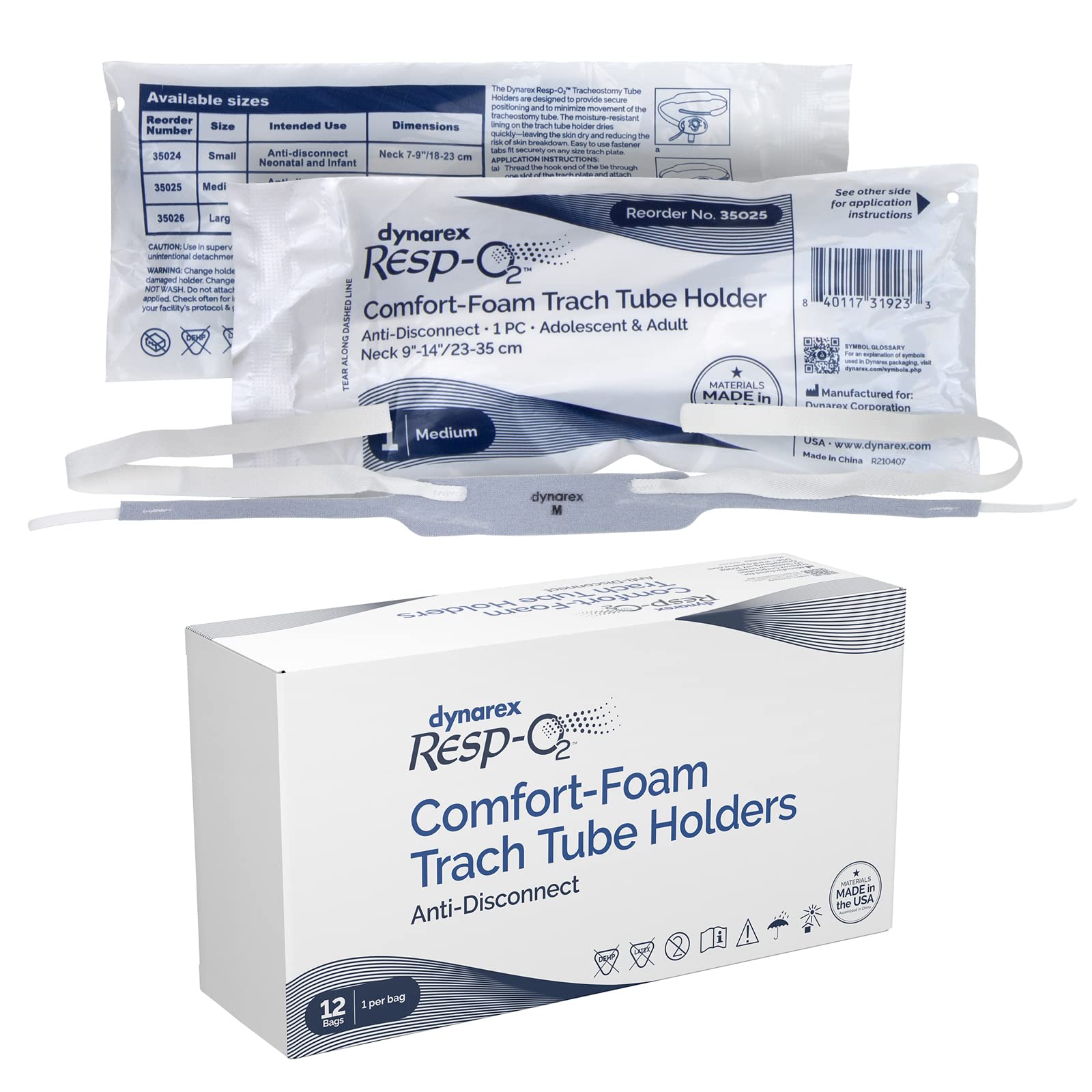Dynarex Comfort-Foam Tracheostomy Tube Holder - with Soft Foam Tube Padding & Secure Hook & Loop Closure, Supports & Stabilizes Airflow - Tracheostomy Supplies - Anti Disconnect, Box of 12 (Medium)