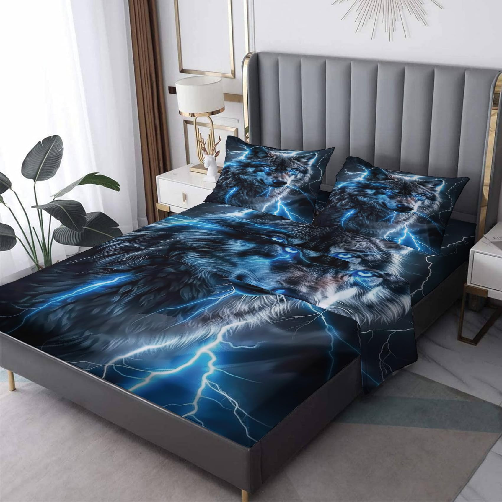 NOGAWA Wolf Cool Sheets Split King for Adjustable Bed, Wolves Bed Sheets, Deep Pocket & Soft Microfiber Bedding Sheets & Pillowcases 5 Piece - 2