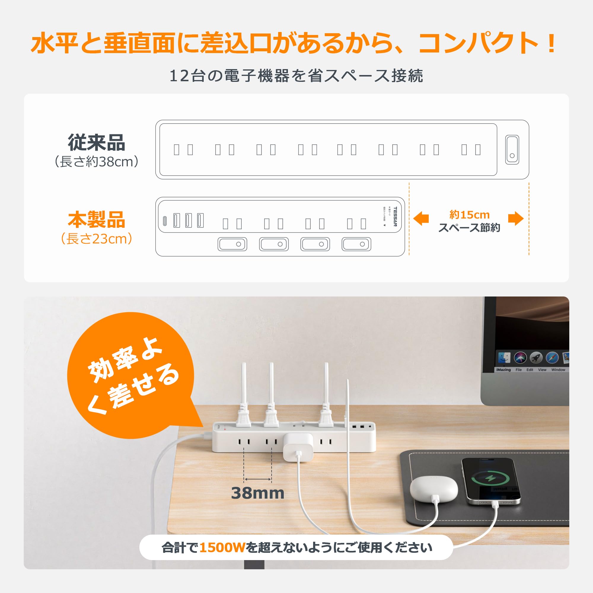 TESSAN 電源タップ 延長コード 2m 薄型プラグ たこあし コンセント usb付き テーブルタップ 8個AC口 1個Type-Cと3個Type-Aポート タコ足配線 隙間 蛸足コンセント 分岐 4つ個別スイッチと4つ常時通電付き 省エネ ほこりシャッター 雷ガード 壁掛け/卓上に ホワイト