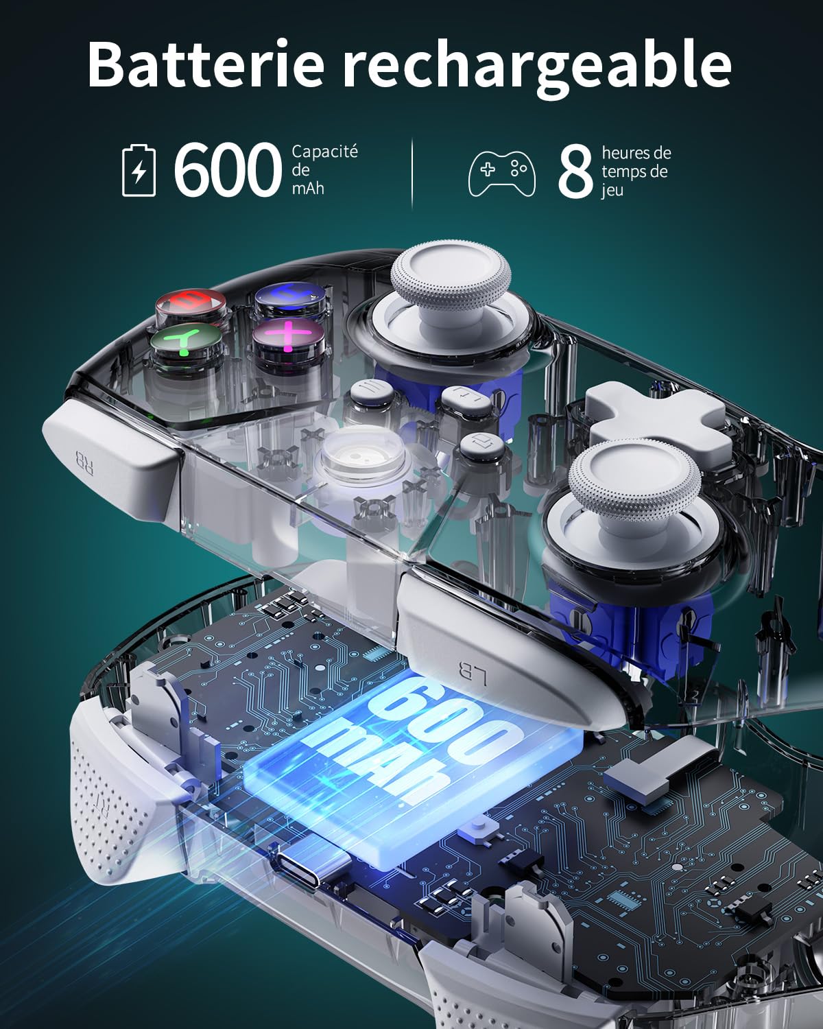 PALPOW Manette PC Sans Fil 2.4G avec Joysticks et Gâchettes à Effet Hall, Manette de Jeu pour Windows/Android/Steam Deck/iPhone/Switch 2, Gamepad Bluetooth avec 8 Couleurs RGB/Turbo - Transparent