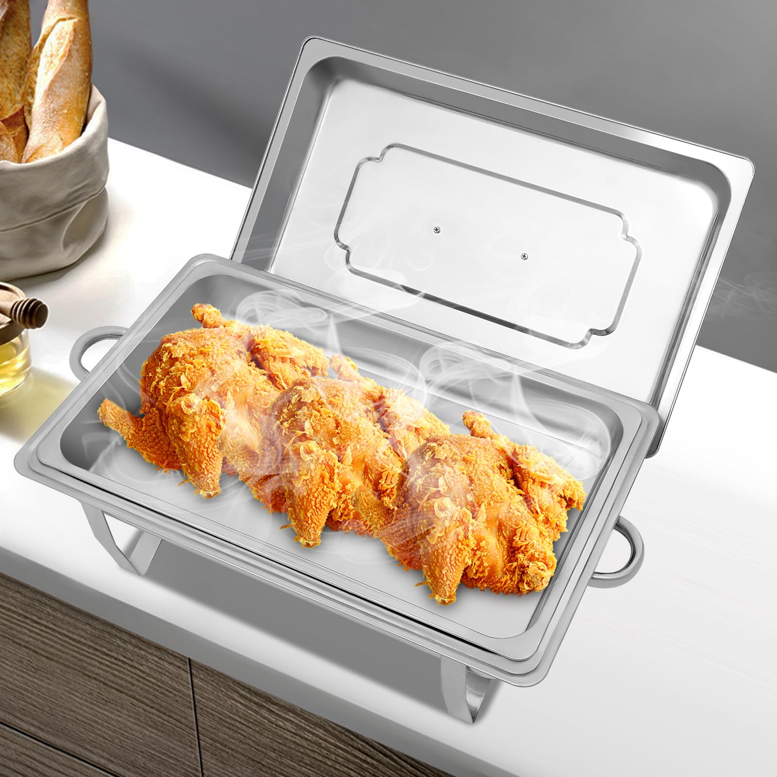 Chafing Dish, scaldavivande in acciaio inox, contenitore per mantenere il calore, con 2 contenitori per pasta combustibile per chafing, grandi cucine, catering, buffet e feste, argento Una griglia