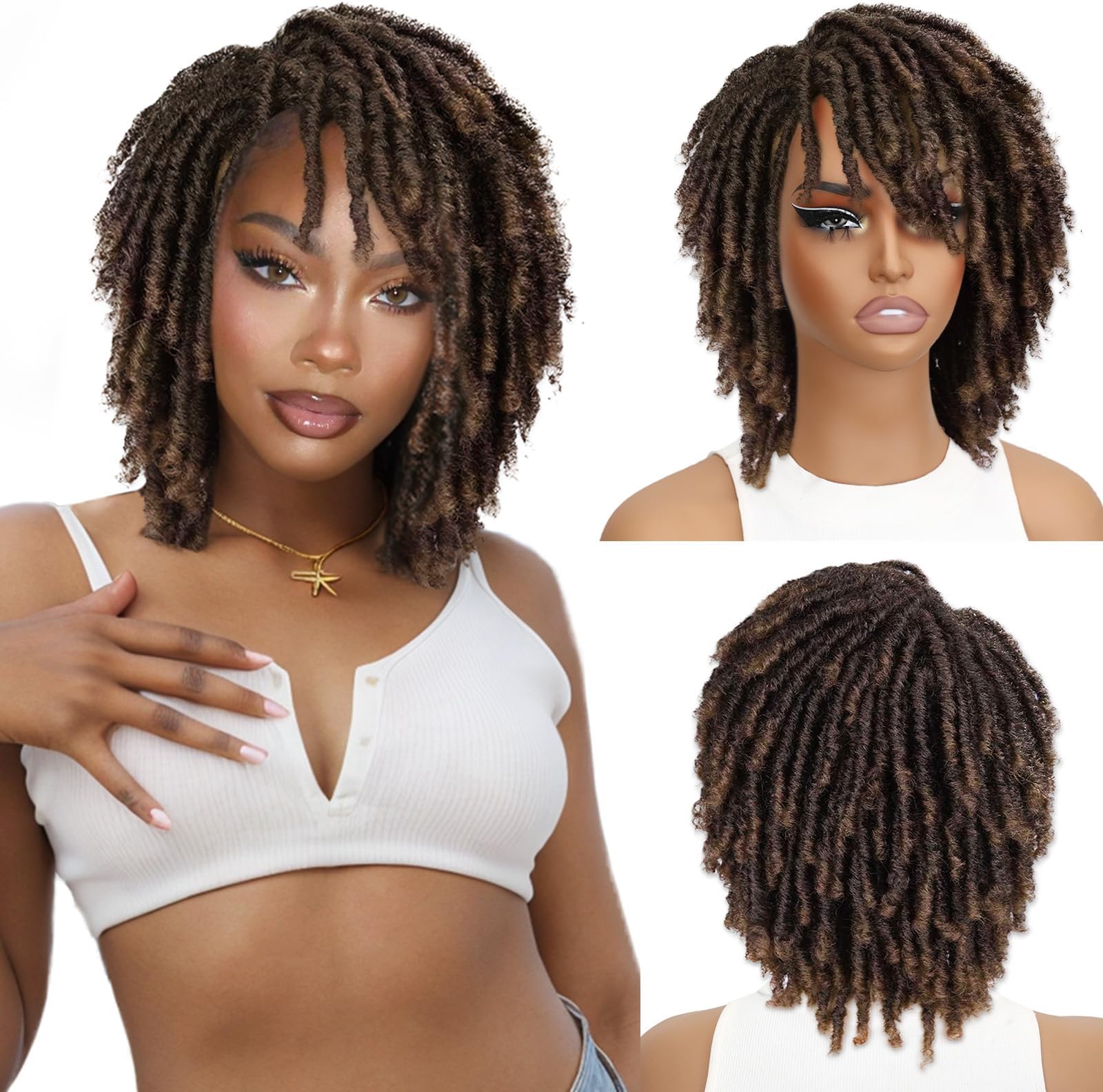 HANNE Dreadlock Wig Short Twist Wigs for Black Women and Men Afro Curly Synthetic Wig (T1B/30)