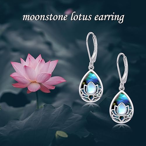 Miniatura 6 de Aretes de flor de loto 925 plata de ley 925 con diseño de loto azul, aretes colgantes con cierre de palanca, regalo de joyería para mujer