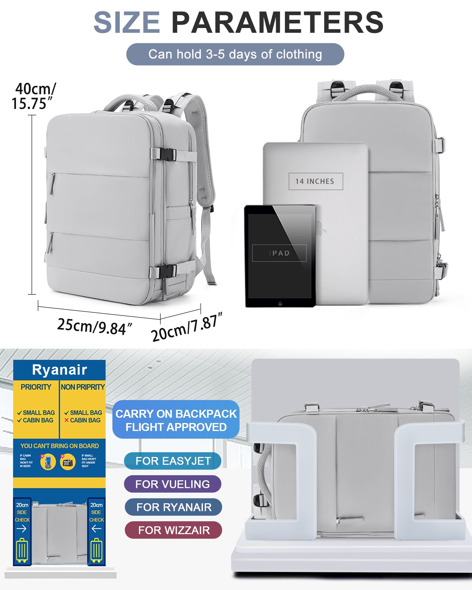 BJLFS Borse da Cabina per Ryanair 40x20x25 Bagaglio a Mano Zaino Borsa Zaino da Viaggio, Zaino da trekking,Zaino Easyjet 45x36x20,Zaino Casual per laptop da 14 pollici per scuola