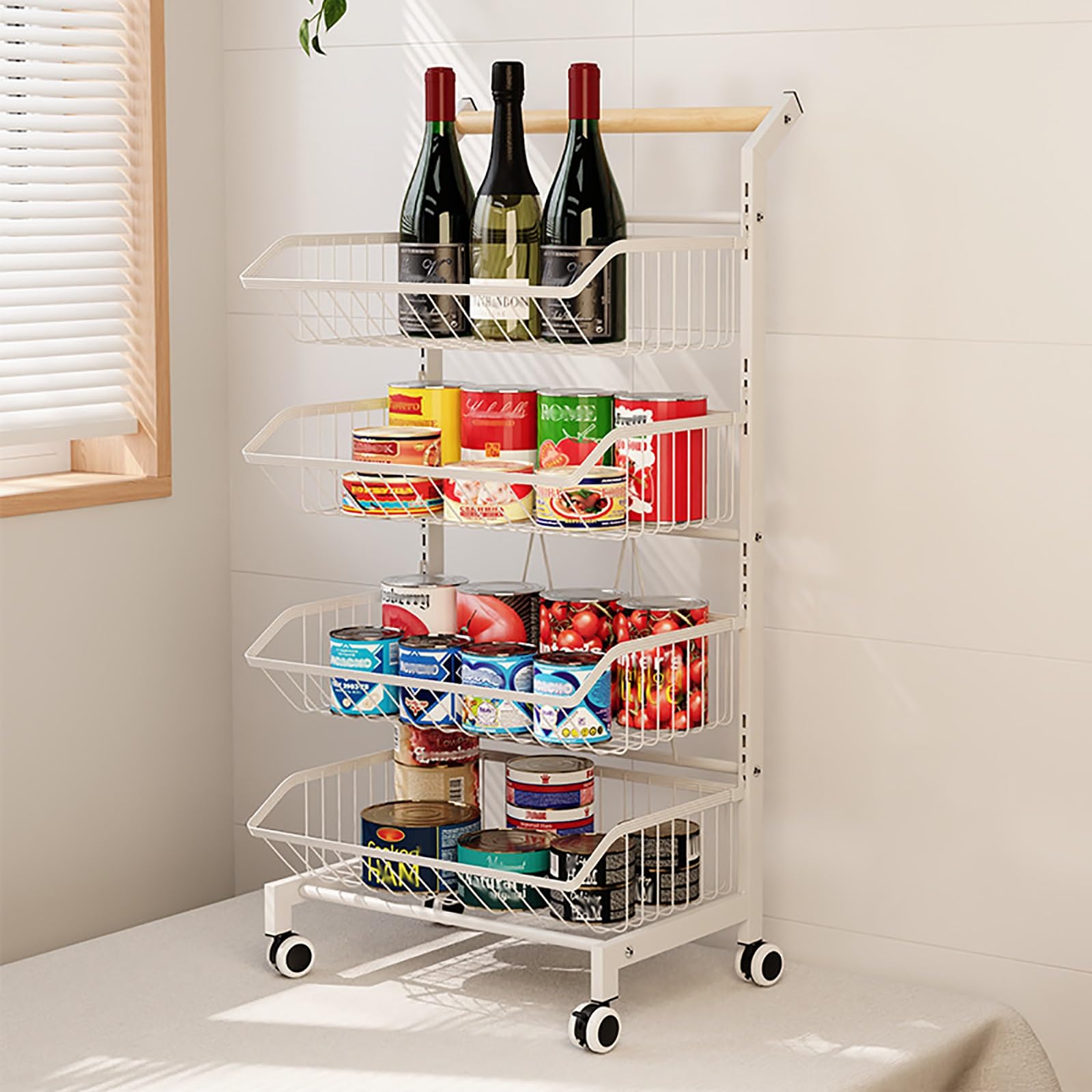 METTEOR Snack Storage Rack,Rolling Utility Carts with Wheels, Snack Cart Fruit Vegetable Basket Cart for Kitchen Bathroom Living Room, 3 4 5 Tier Snack Shelf (White 4 Tier)