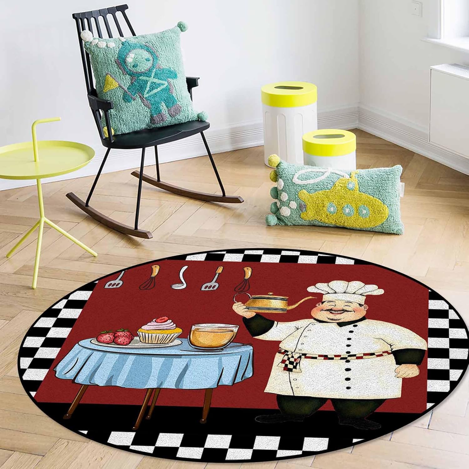 Farmhouse Cartoon Fat Chef Round Area Rugs for Living Room/Bedroom/Entryway, Retro Black White Plaid Round Rugs 5Ft - Non Skid Rug Soft Circle Rug Runner Kids Room Floor Mats Throw Carpet