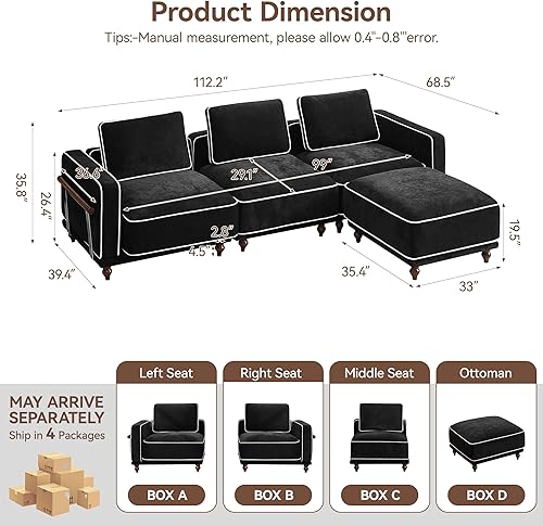 Sofá modular en forma de L de 112 pulgadas con otomana móvil, sofá de nube de 3 plazas con 1 otomana para sala de estar, cómodos sofás de asiento