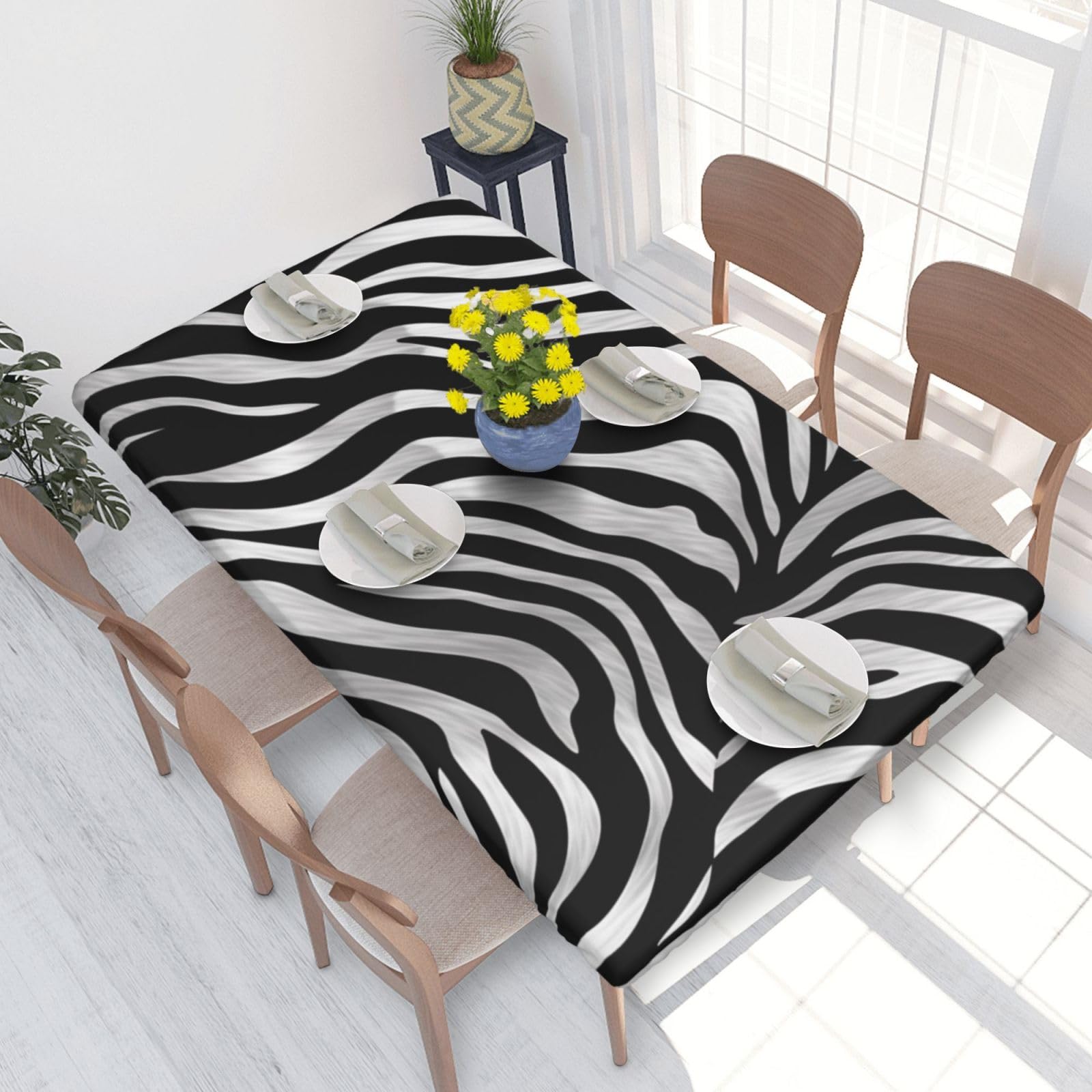 DCARSETCV zebra-print Printed 4FT Waterproof Tablecloth with Elastic Edged Protect & Decor Your Table, Oil-proof Washable Table Cloth Cover for Dinner Picnic Party