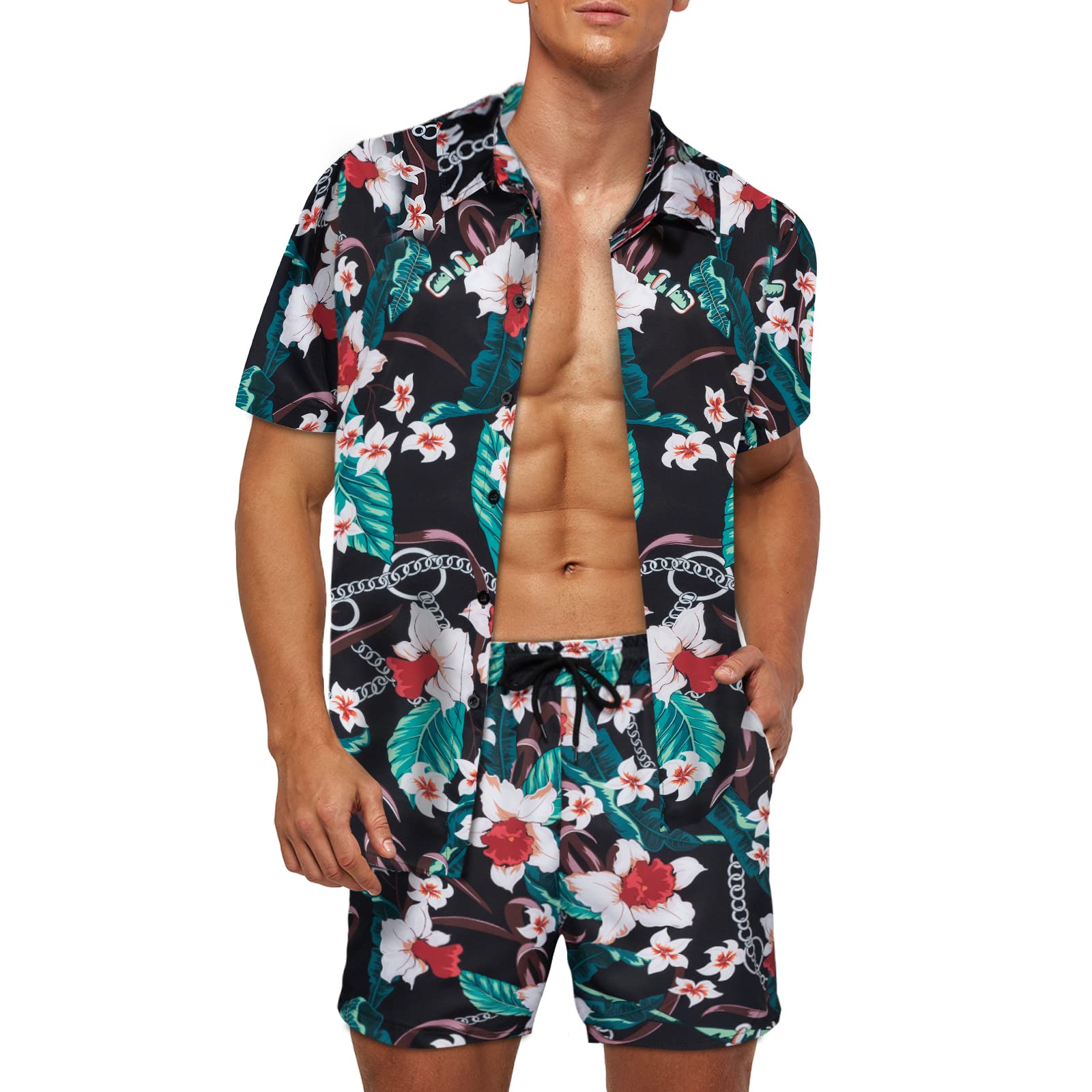 Men's Hawaiian Flower Shirt Sets Button Down Casual Summer Aloha Shirts and Shorts Suits A05 Navy Blue XL