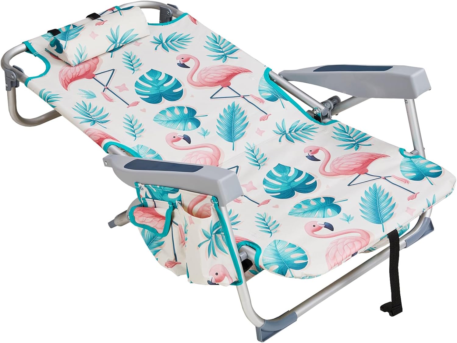 Vasitelan Outdoor Folding Backpack Beach Chair with 5 Positions, Towel bar, Cooler Pouch, Cup Holder,Folding Beach Chair with Backpack Straps (Flamingo, Short)