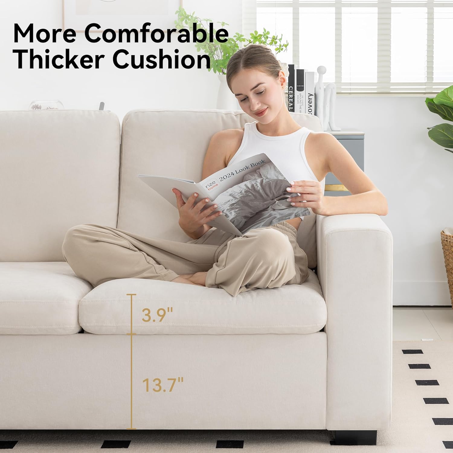 Close-up of the sofa's thick cushions, highlighting their depth