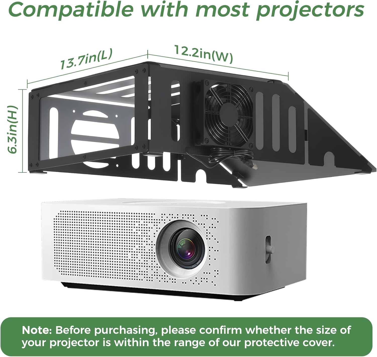 golf simulator projector enclosure with cooling fan & artificial turf | floor-mounted protective cover for enhanced projector protection
