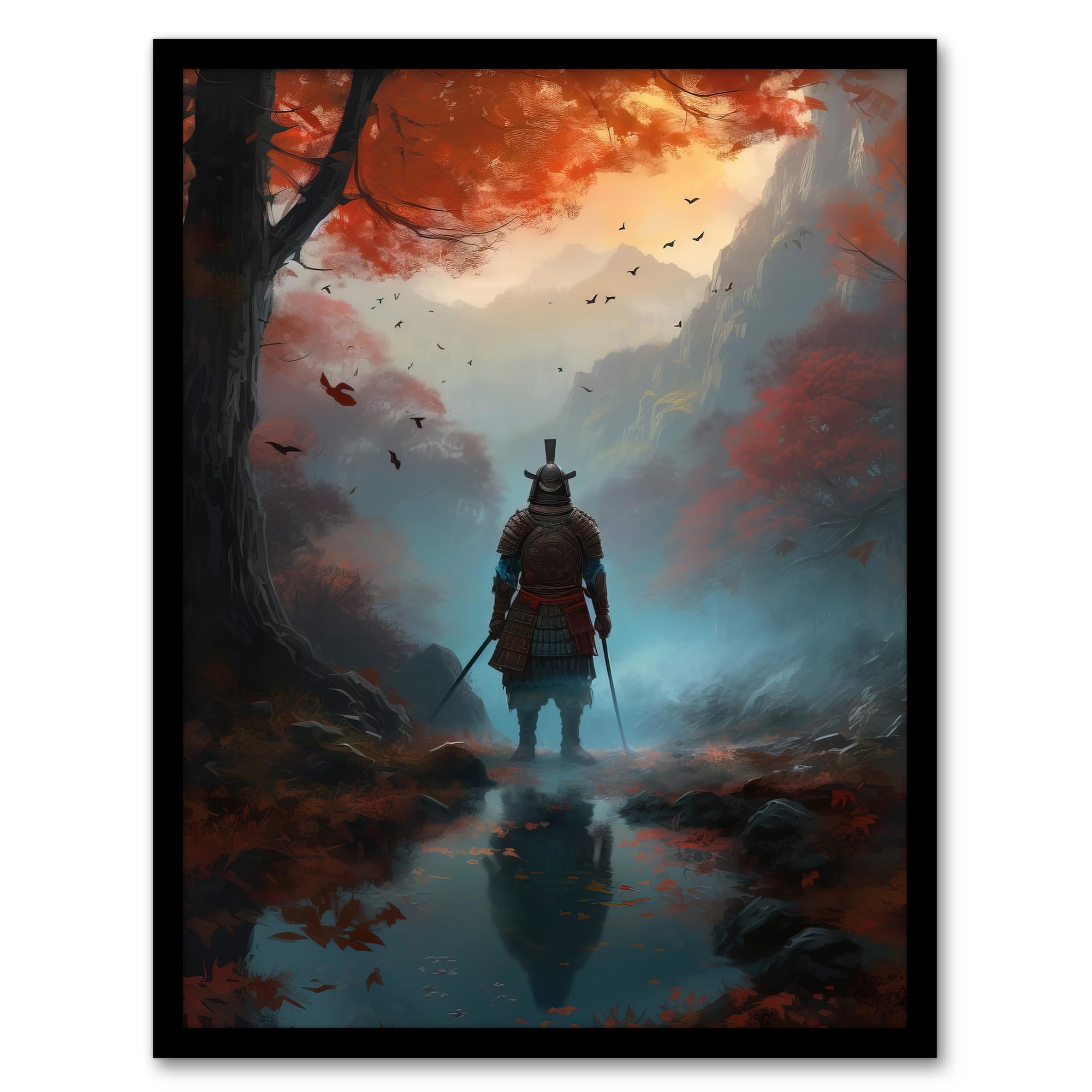 Artery8 Samurai Guardian Concept Painting Mythical Kingdom Warrior in O-yoroi Armour Prepared for Battle in Foggy Autumn Forest Landscape Artwork Framed Wall Art Print A4
