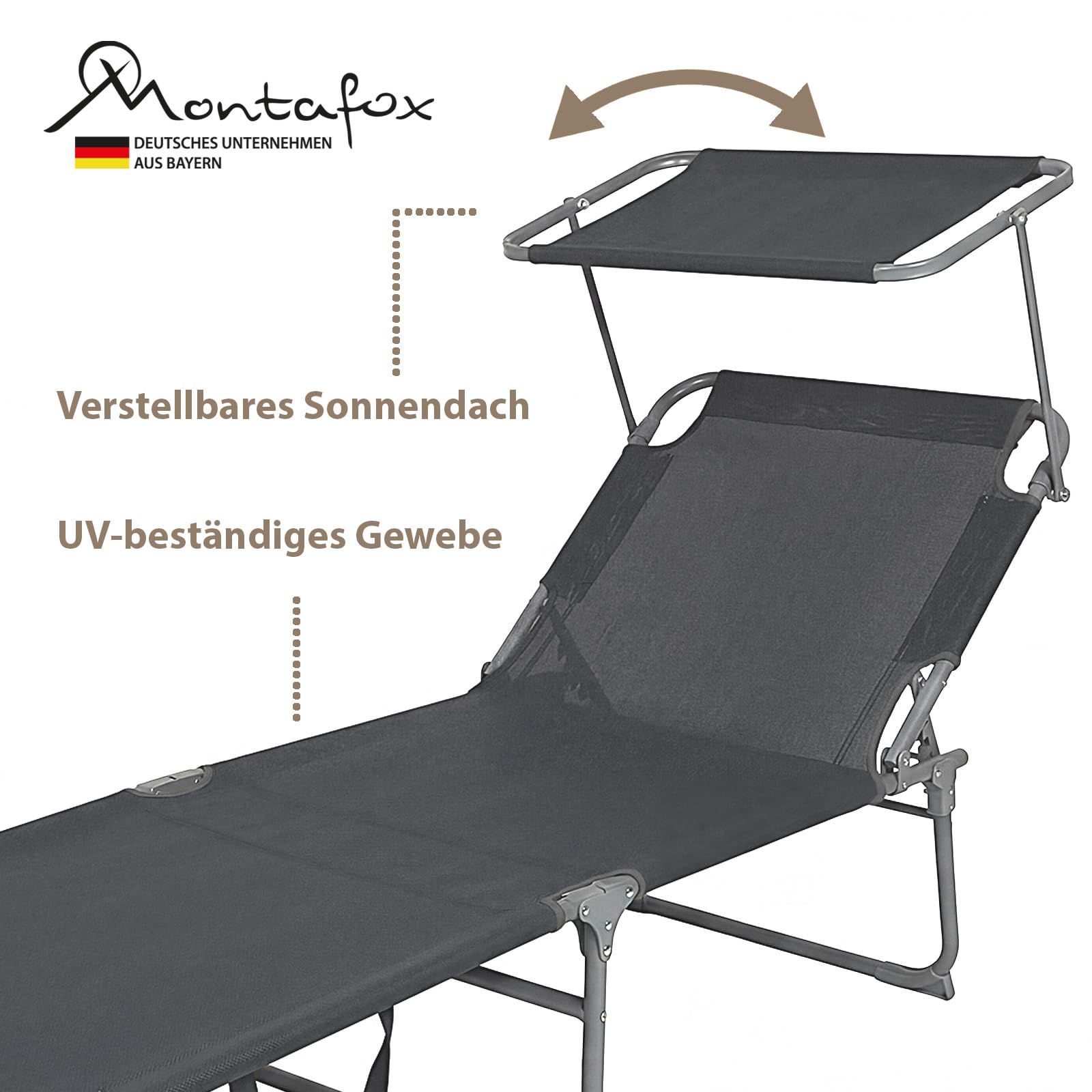 Montafox Sonnenliege klappbar 195 x 60 x 34 cm tragbarer Liegestuhl bis 150 kg mit Sonnendach Verstellbarer Rückenlehne für Garten Pool Terrasse Strand, Farbe:grau