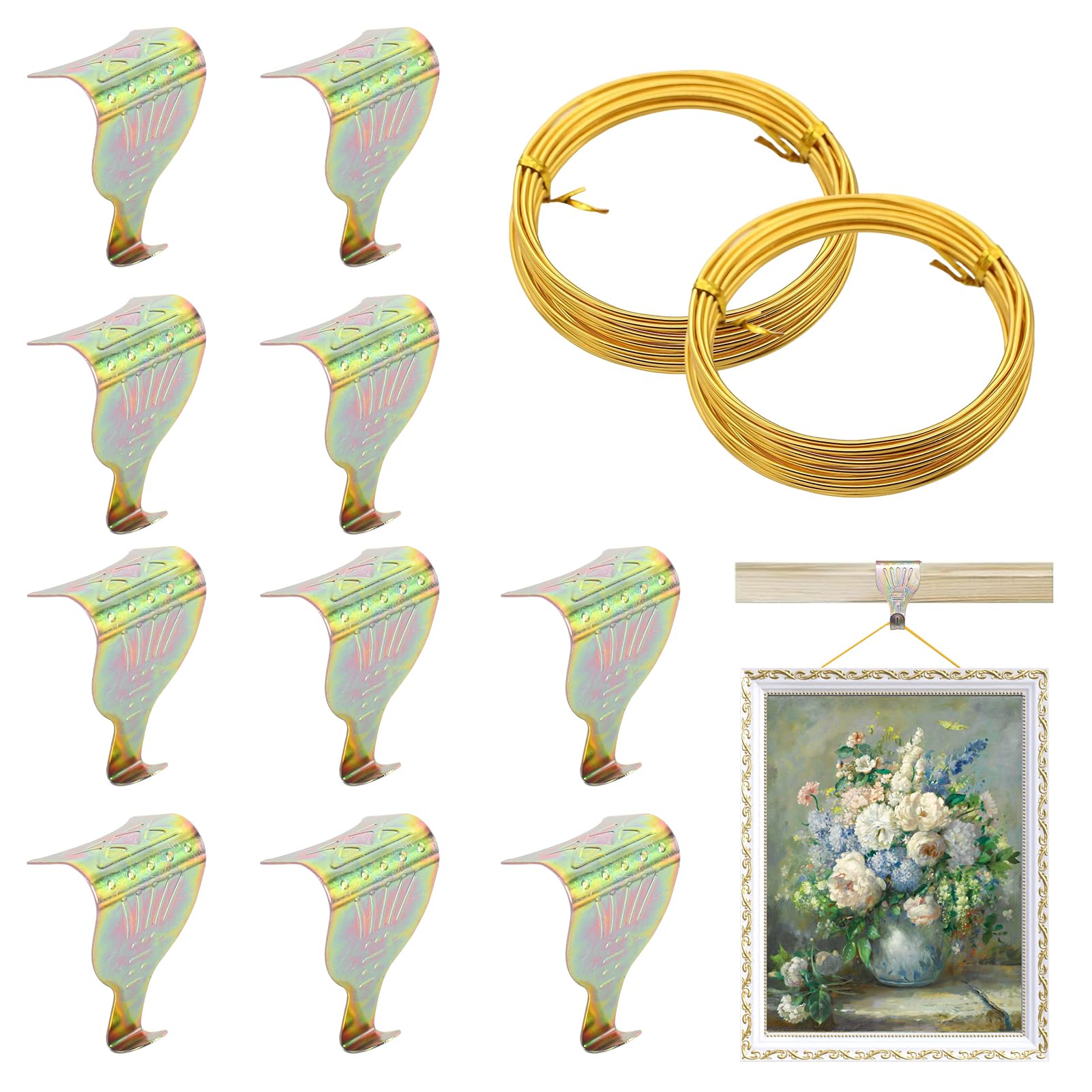 Picture Rail Hooks and Wire, 10pcs Brass Plated Antique Style Moulding Photo Frame Hooks
