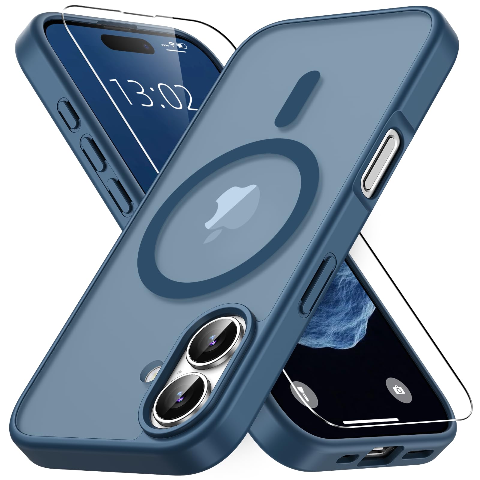 Vansdon Cover Magnetica per iPhone 16 con 1 Pezzi Vetro Temperato, Compatibile con Magsafe, Protezione anticaduta di livello militare, Custodia Traslucida Opaca Sottile Antiurto-Blu Profondo