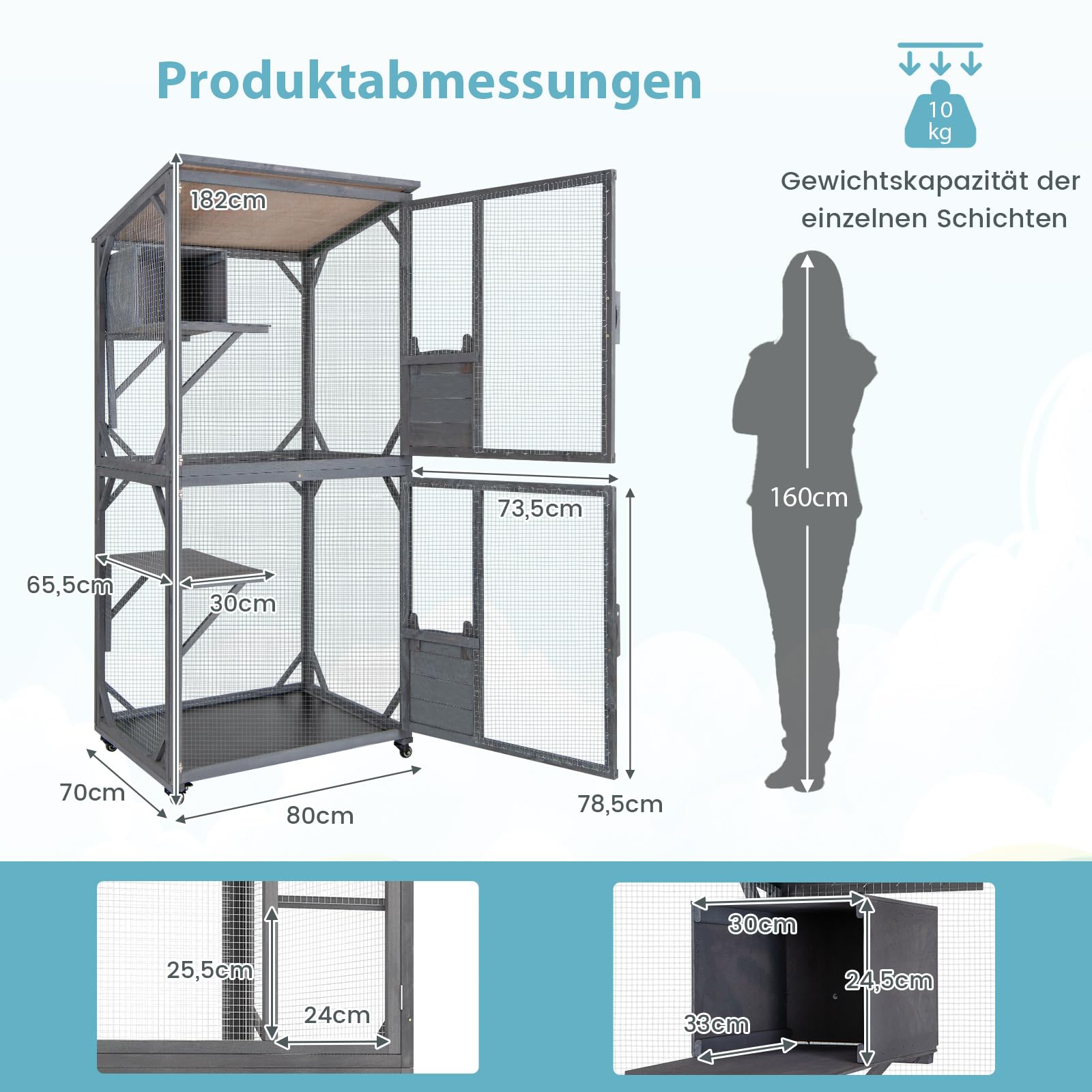 COSTWAY Katzenhaus Outdoor Winterfest, 182cm, Katzengehege Holz für den Außenbereich, großer Katzenkäfig auf Rädern, Gehege mit Asphaltdach, Eingangstür, 2 Plattformen & Ruhehöhle, Grau