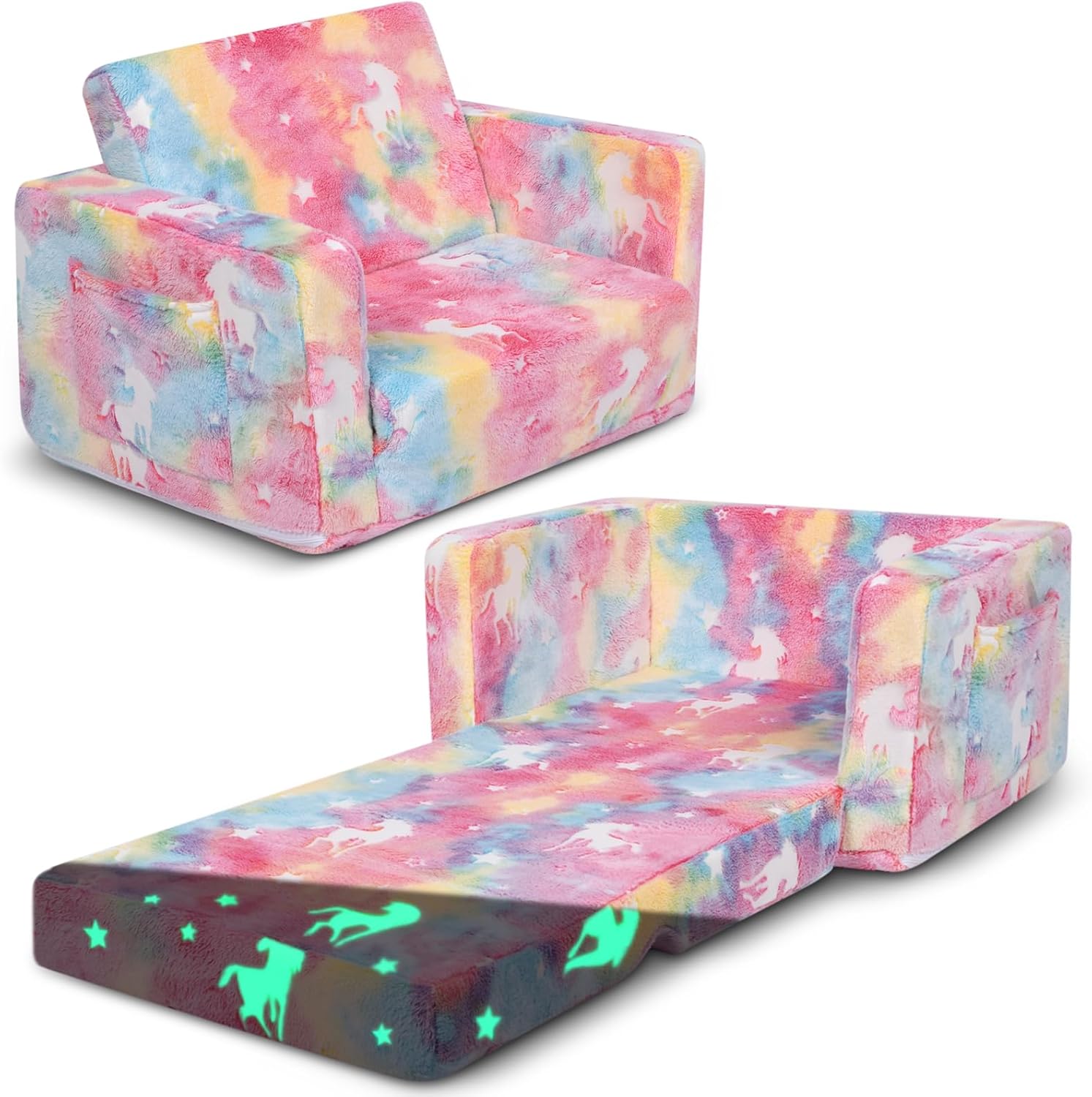 Toddler Couch - Kids Sofa - 2-in-1 Sherpa Kids Couch - Glow in The Dark Kids Fold Out Couch - with Cute Pattern Design - Gifts for Kids - Kids Play Sofa for Girls and Boys