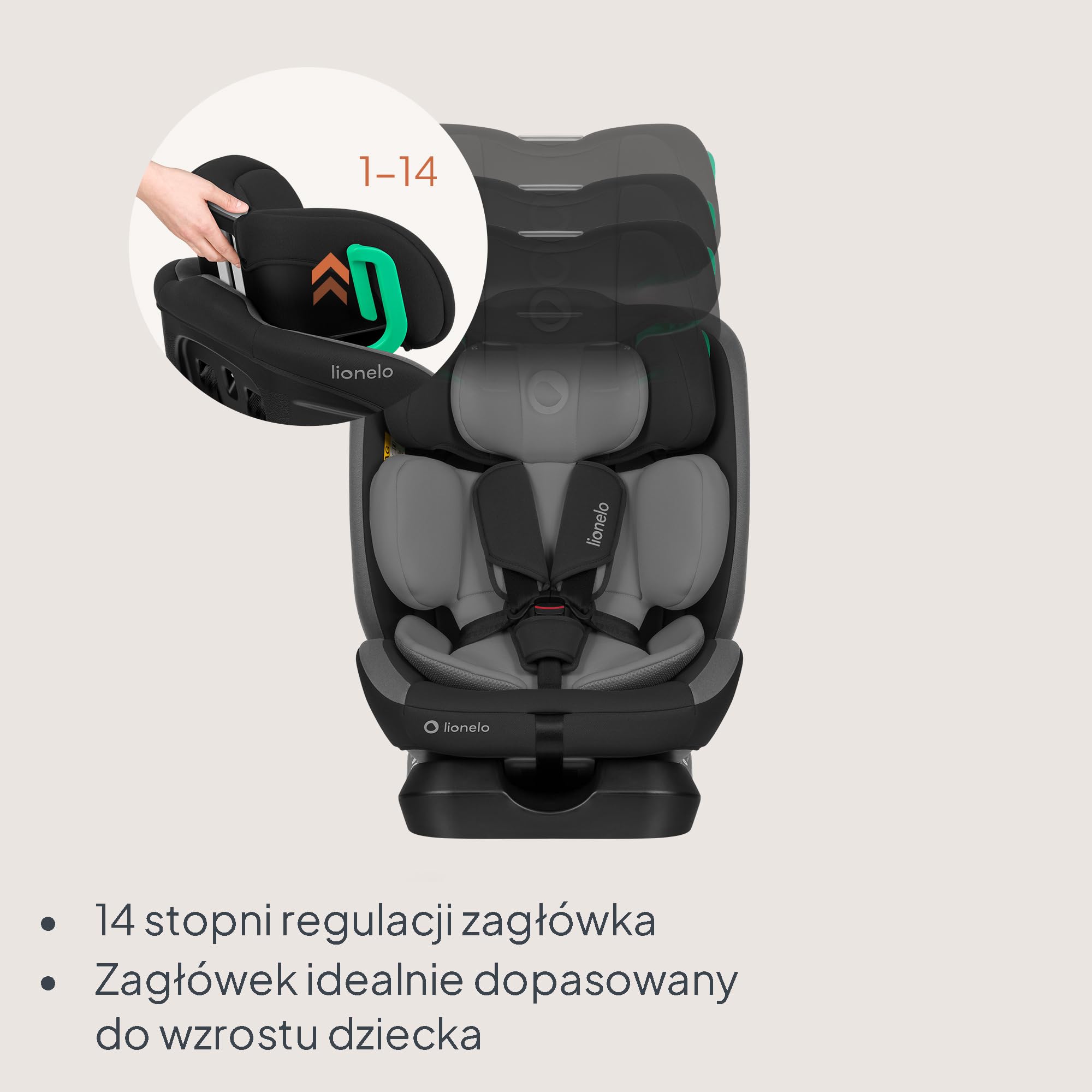 Lionelo Aart i-Size fotelik samochodowy dla dzieci, grupa 0/1/2/3, 40-150 cm, 0-12 lat, uniwersalny montaż na pasku, regulowany zagłówek z pianki memory, oparcie wsteczne i przednie, zdejmowany