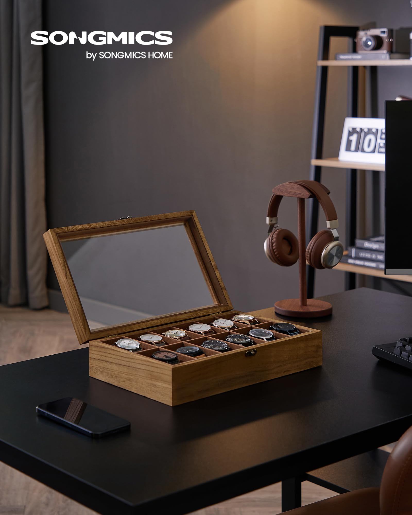 SONGMICS Scatola per Orologi, Scatola Porta Orologi a 12 Scomparti, Portaorologi in Legno con Coperchio in Vetro e Cuscinetti Rimovibili, Idea Regalo, Noce Rustico JOW120K01