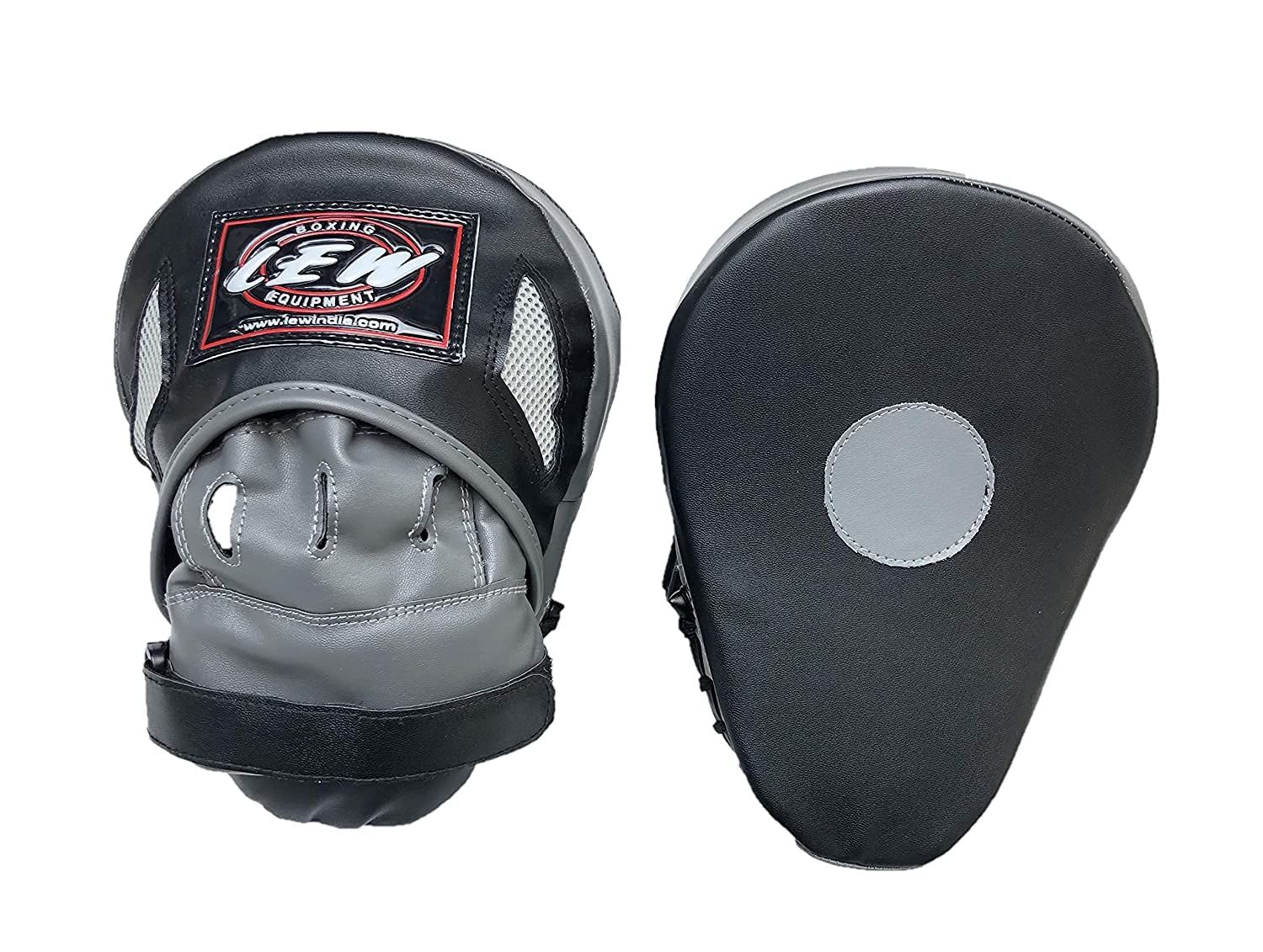 LEW Boxing Focus Pads – Curved Maya Hide Leather Hook & Jab Target Mitts for MMA, Muay Thai, Kickboxing – Hand Pads for Sparring & Punch Training (Black & Grey)