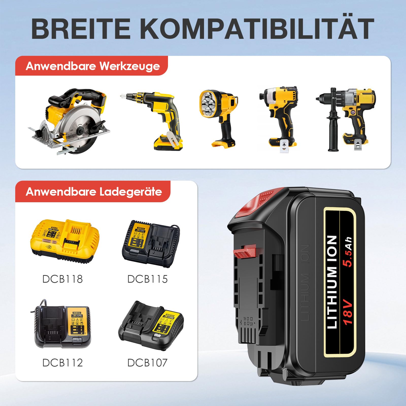 Lot de 2 batteries de rechange 5500 mAh et chargeur pour DeWalt, 18 V/20 V max Li-Ion compatible avec DeWalt DCB204 DCB206 DCB180 DCB181 DCB182 DCB184 DCB201