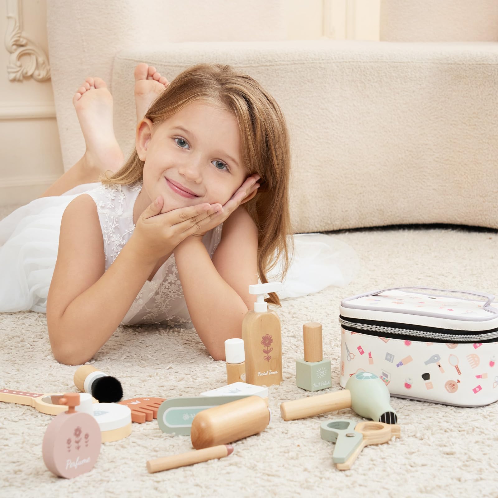 GAGAKU Set di trucchi in legno per ragazze dai 3 anni in su, con accessori realistici come rossetto e specchio, perfetto per bambini