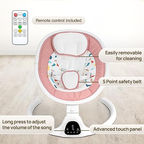 Miniatura 5 de Columpio de bebé para bebés, columpio para bebé recién nacido con control remoto, 5 velocidades, arnés de 5 puntos, columpio portátil para bebé
