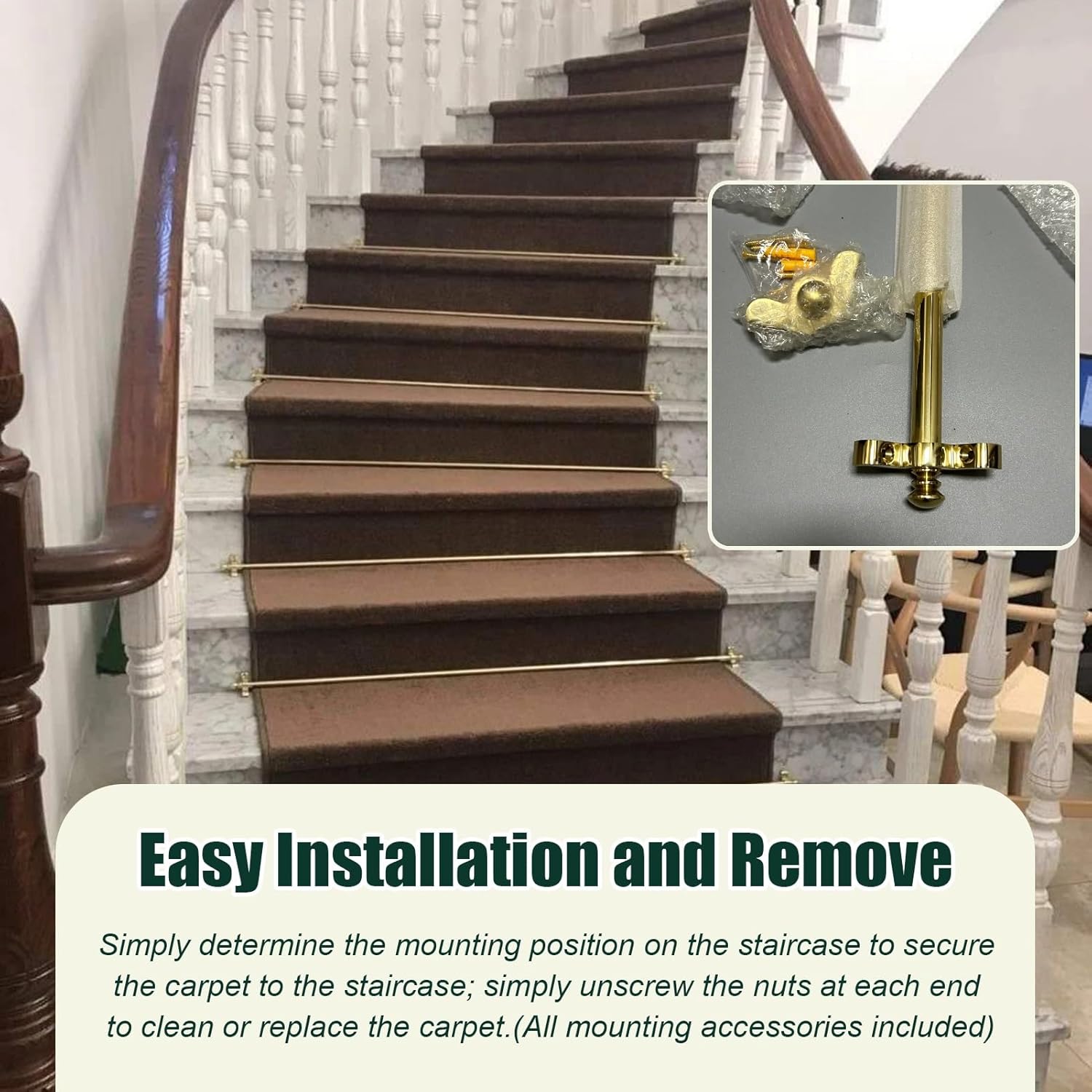 Antique Finials Staircase Rugs Holder with Holder Bracket Hardware, Brass Stair Rods for Carpet Runner, Bright Secure Stair Carpet Clips(90cm/36in(13pcs))