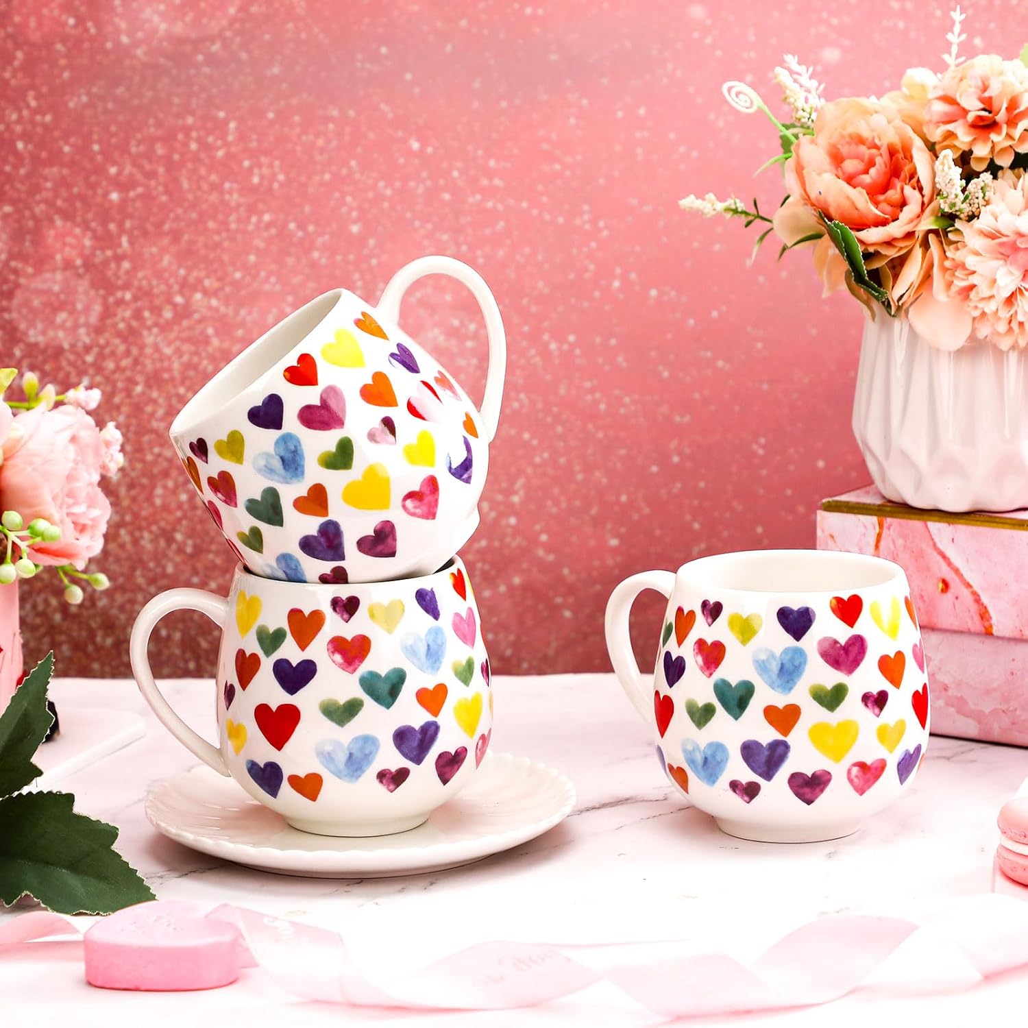 Layhit 6 Pcs Valentine's Day Coffee Mugs 12 oz Valentine Ceramic Mugs Bulk Cute Couple Cups Set for Anniversary Wedding Engagement Birthday Couple Gifts Mom Girlfriend (Heart)