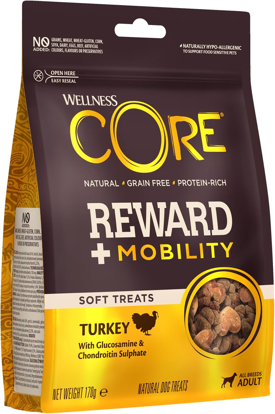 Reward+ Mobility 170g, Turkey โ Soft Dog Treats for All Dog Breeds, Grain-Free, Natural, Hypoallergenic, Protein-Rich, High Meat Content, Supports Hips & Joints