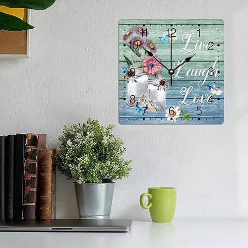 Miniatura 3 de Reloj de pared de PVC Live Laugh Love, reloj de pared con margaritas blancas, mariposa floral de 10 pulgadas, cuadrado, silencioso, sin tictac,