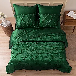 MR&HM Satin Comforter Full 7 Pieces - Luxurious Pinch Pleat Bedding Set with Comforter, Flat Sheet, Fitted Sheet, Pillowcases & Shams, Super Silky Soft Bed Set for All Season (Full, Dark Green)