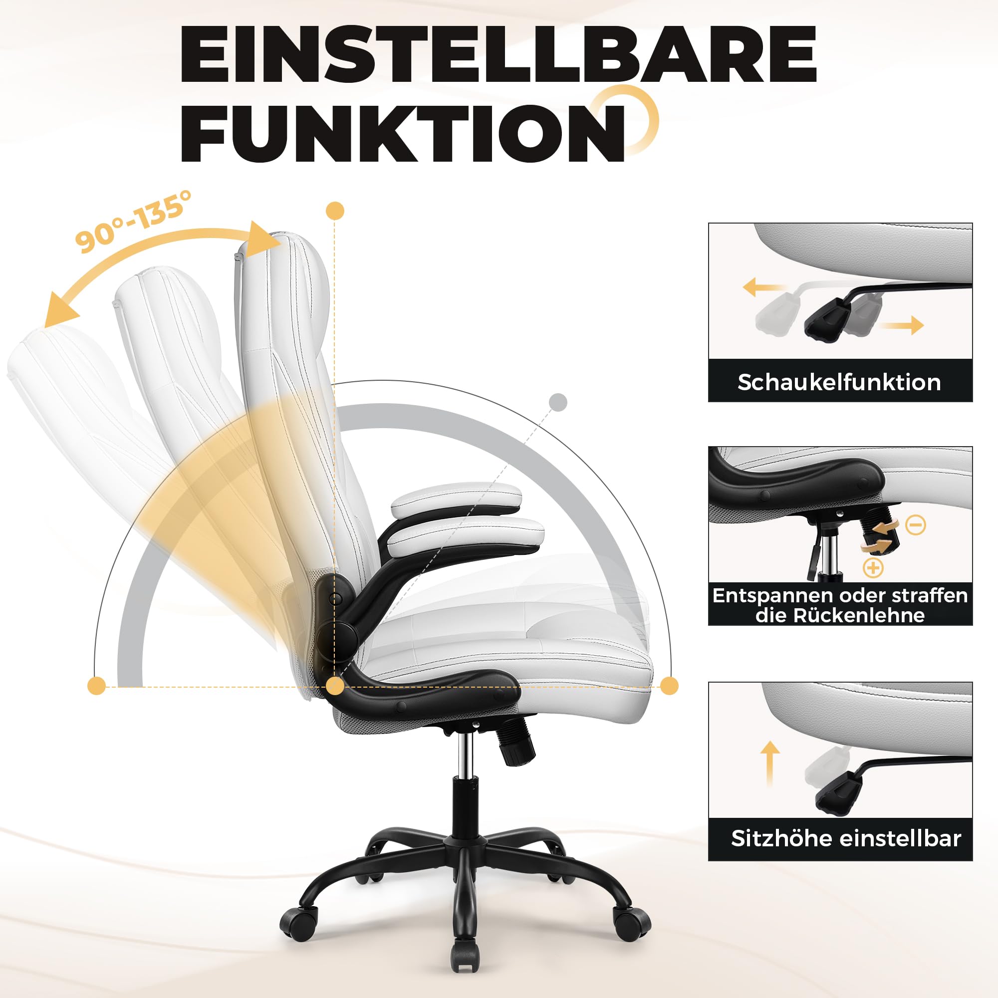 Bürostuhl ergonomischer Chefsessel Schreibtischstuhl Wippfunktion höhenverstellbarer Drehstuhl mit Kopfstütze Armlehnen 150KG, Weiß
