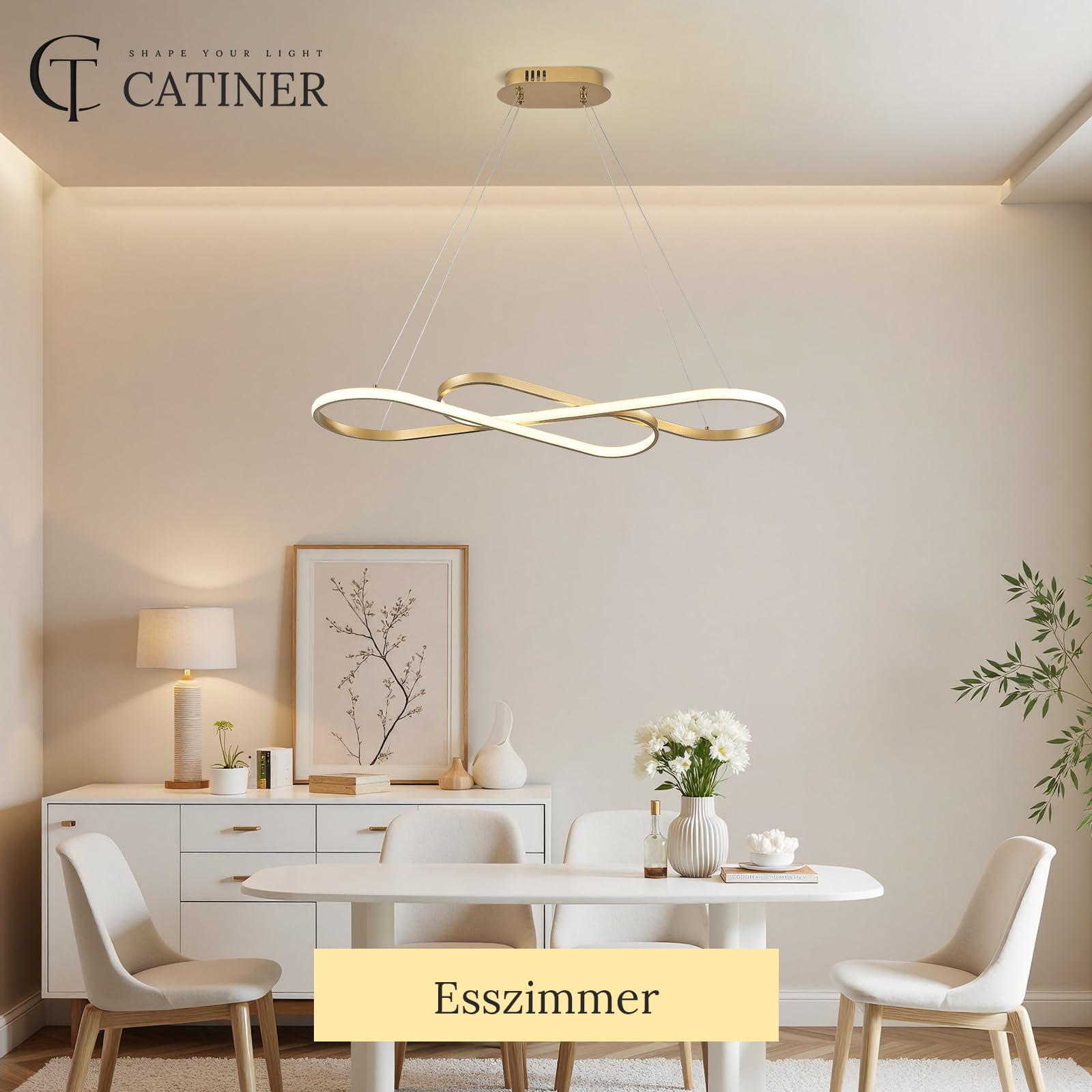 CATINER Moderner LED Hängeleuchte Gold Esszimmer Pendelleuchten 80cm Dimmbar LED Kronleuchter mit Fernbedienung Kücheninsel Linear Hängelampe für Wohnzimmer Hohe Decken 50W