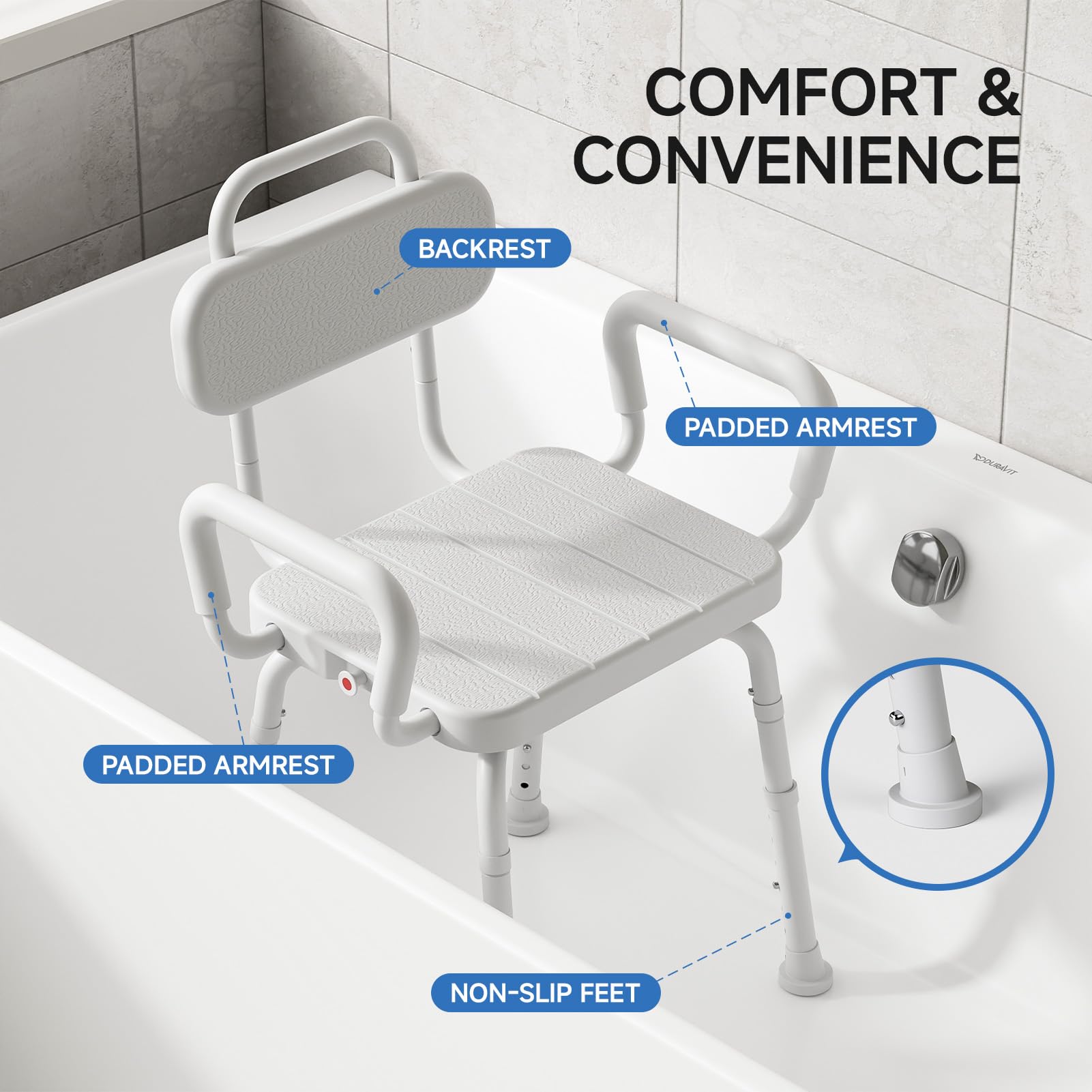 Loyoda Silla de ducha de aluminio con asiento giratorio de 360°, extraíble, respaldo y brazos, capacidad de 160 kg