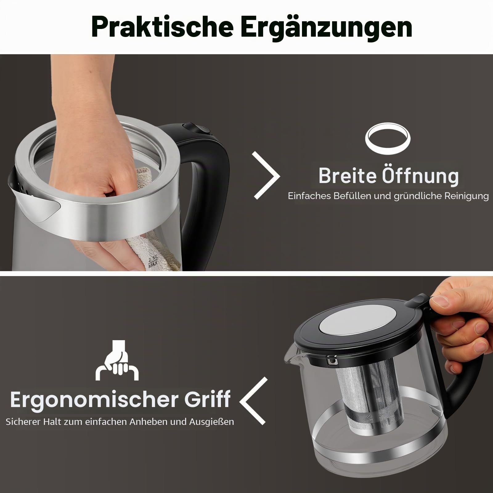 1800W Elektrischer Wasserkocher Set 3L + 1L, Wasserkocher mit Temperatureinstellung & Teesieb & LCD-Touchscreen, Edelstahl & Glas Teekocher Automatische Abschaltung,Temperaturregelung 158°F/176°F