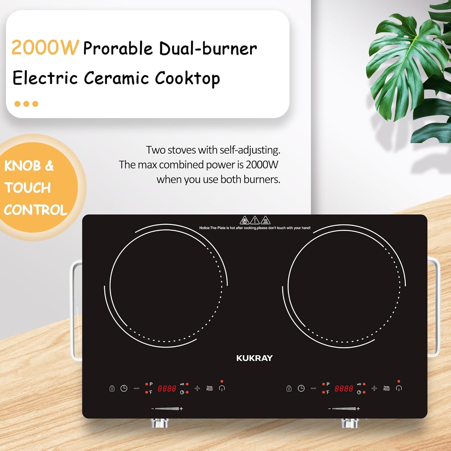 2 Burners Electric Cooktop, 2000W, Portable Electric Stove with Handle, Microcrystalline Glass, 9 Power Levels, Timer, Child Lock, Overheat Protection, 110V, 25.8"