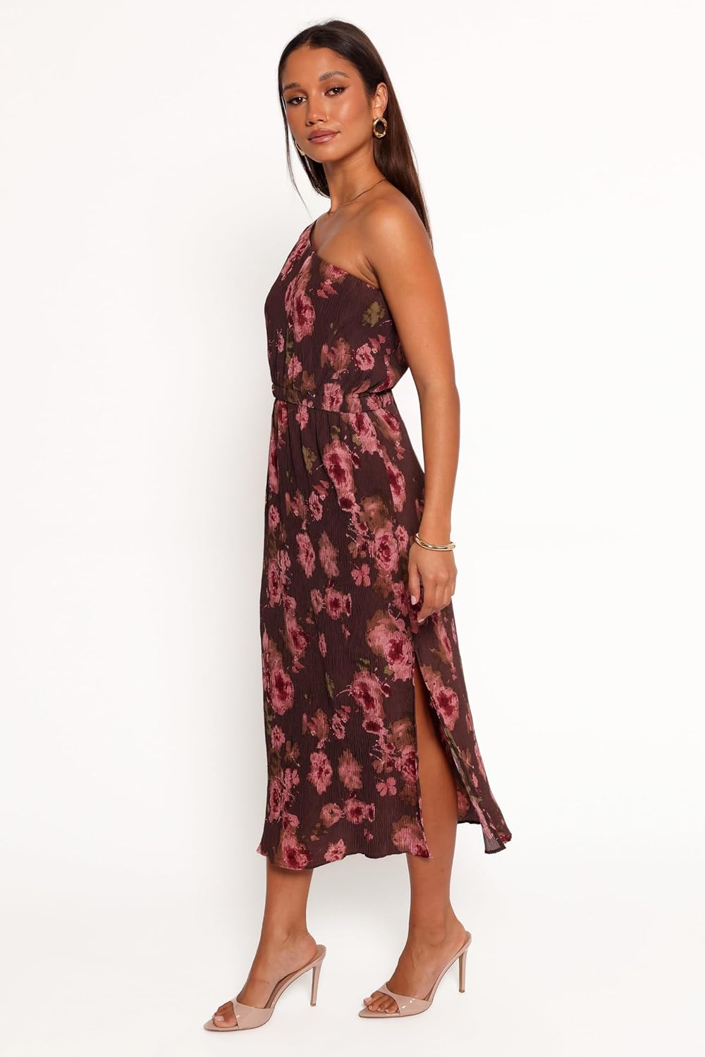 Petal & Pup Women's Pontee One Shoulder Pleated Midi Dress-Chocolate Brown