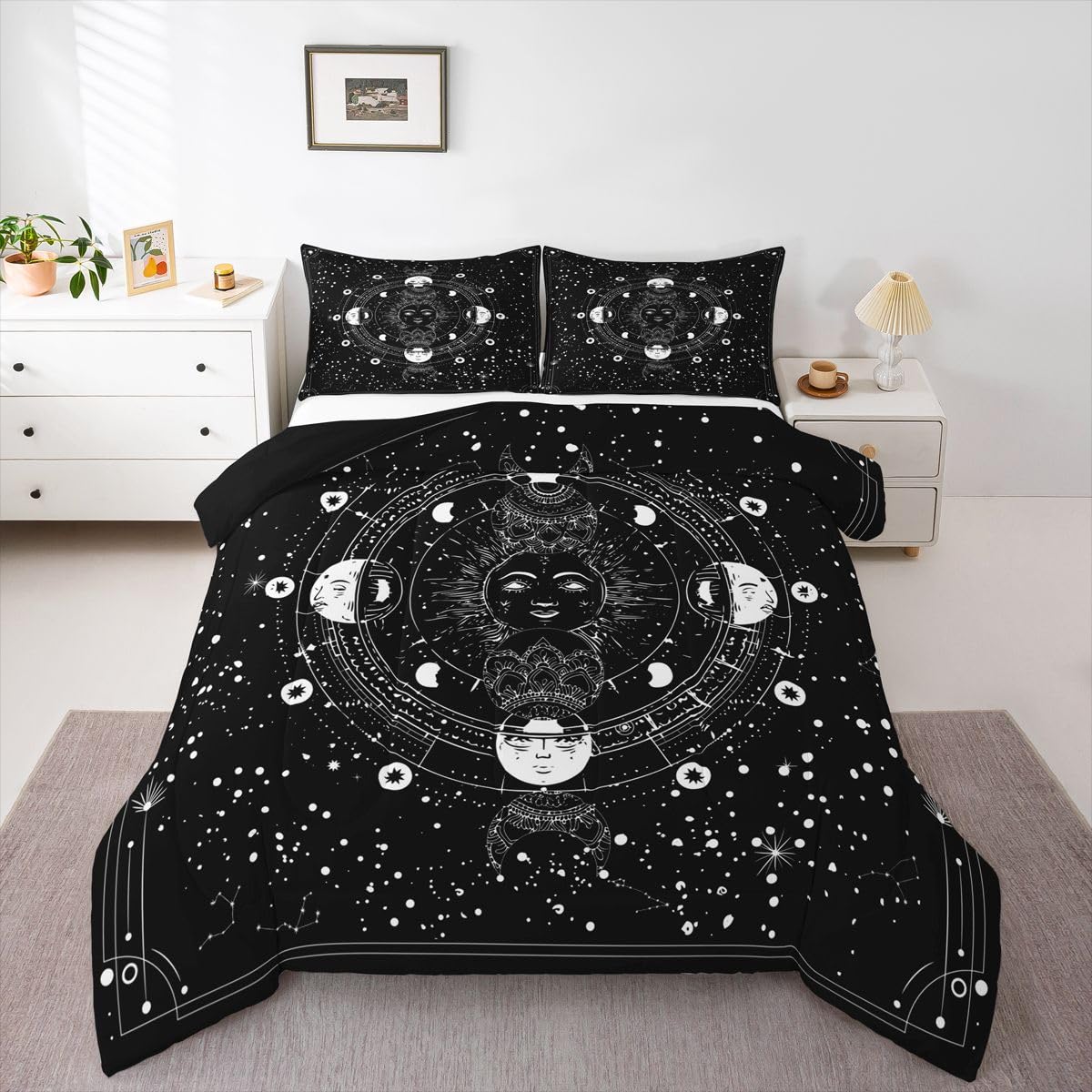 Feelyou Sun Moon Comforter Queen Size Black White Psychedelic Constellation Comforter Set Boho Exotic Mandala Bedding Set Galaxy Astrology Space Duvet