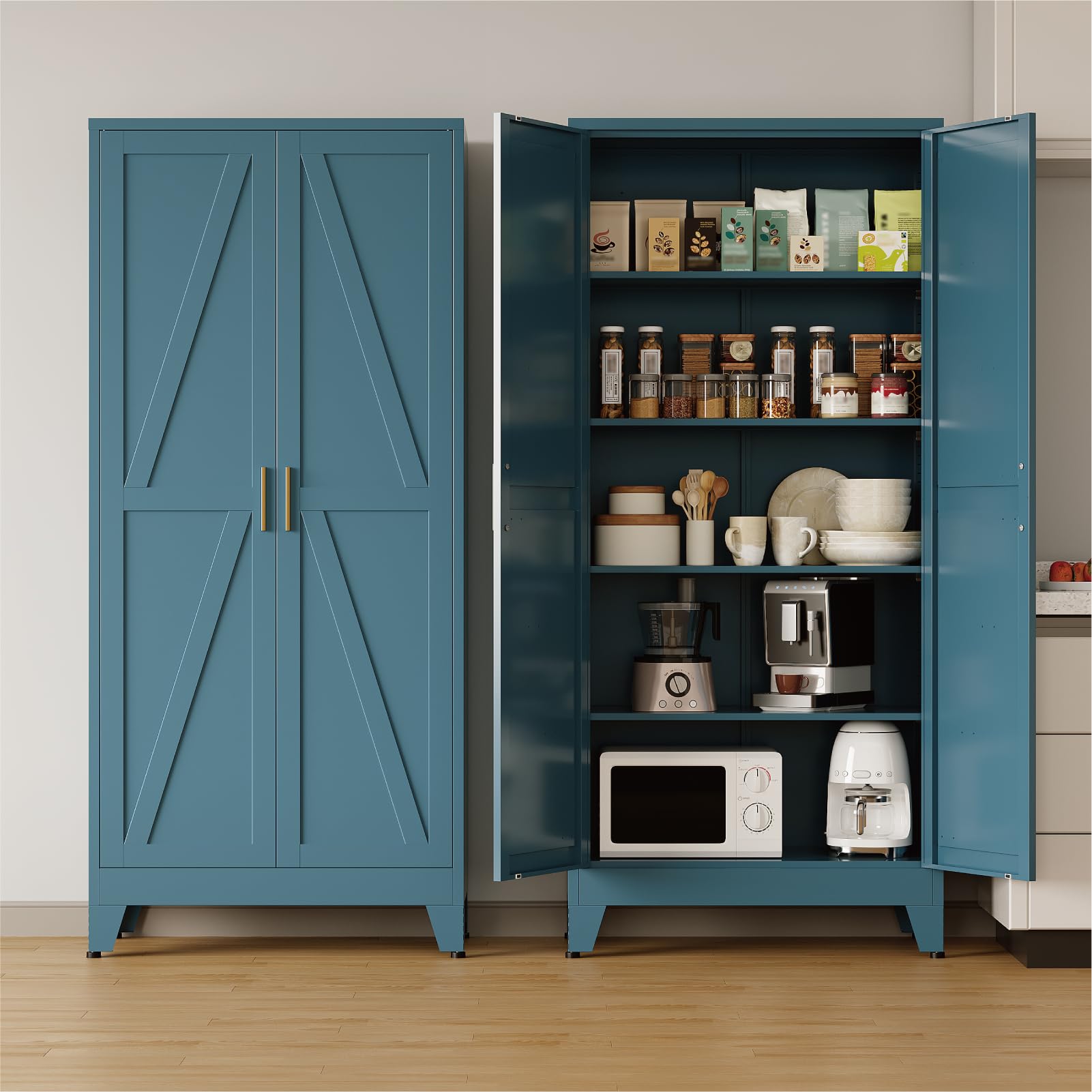 COFaR 71 inch peacock blue farmhouse metal pantry cabinet
