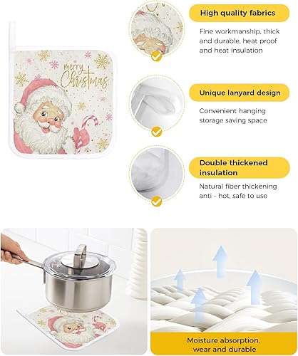 Miniatura 2 de Juego de 2 soportes para ollas de Papá Noel rosa rubor para cocina, platos para horno, almohadillas a prueba de calor con lazo para colgar,