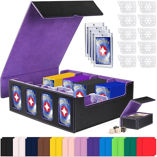 GEAoffice Card Storage Box with Commander Display for 3200+ Trading Cards, 4-Row Deck Case with Magnetic Removable Lid for MTG/TCG/Sports/Games, 10 Stoppers, 24 Dividers, 1 Dice Tray, Black Purple