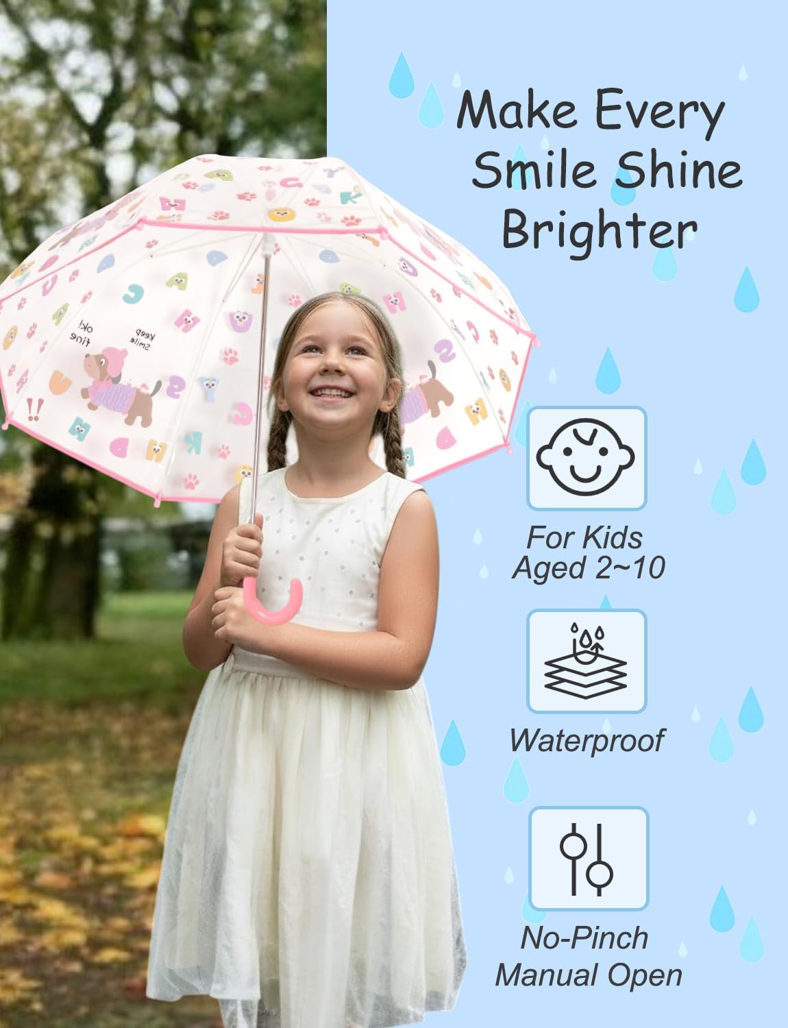 Kids Clear Umbrella-Thick POE Transparent Canopy, J-Handle, Jellyfish/Apollo Design, Large 78cm, Cute Rain Umbrella for Toddlers & Children