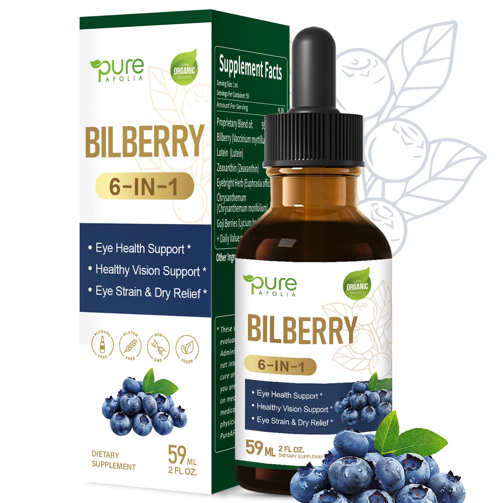 Bilberry Extract Supplement for Eye Health, 6-in-1 Herbal Liquid Drops Support Eye Strain & Dry Relief w/Lutein Zeaxanthin Eyebright Herb, Fast Absorption Tincture Form. 2 oz