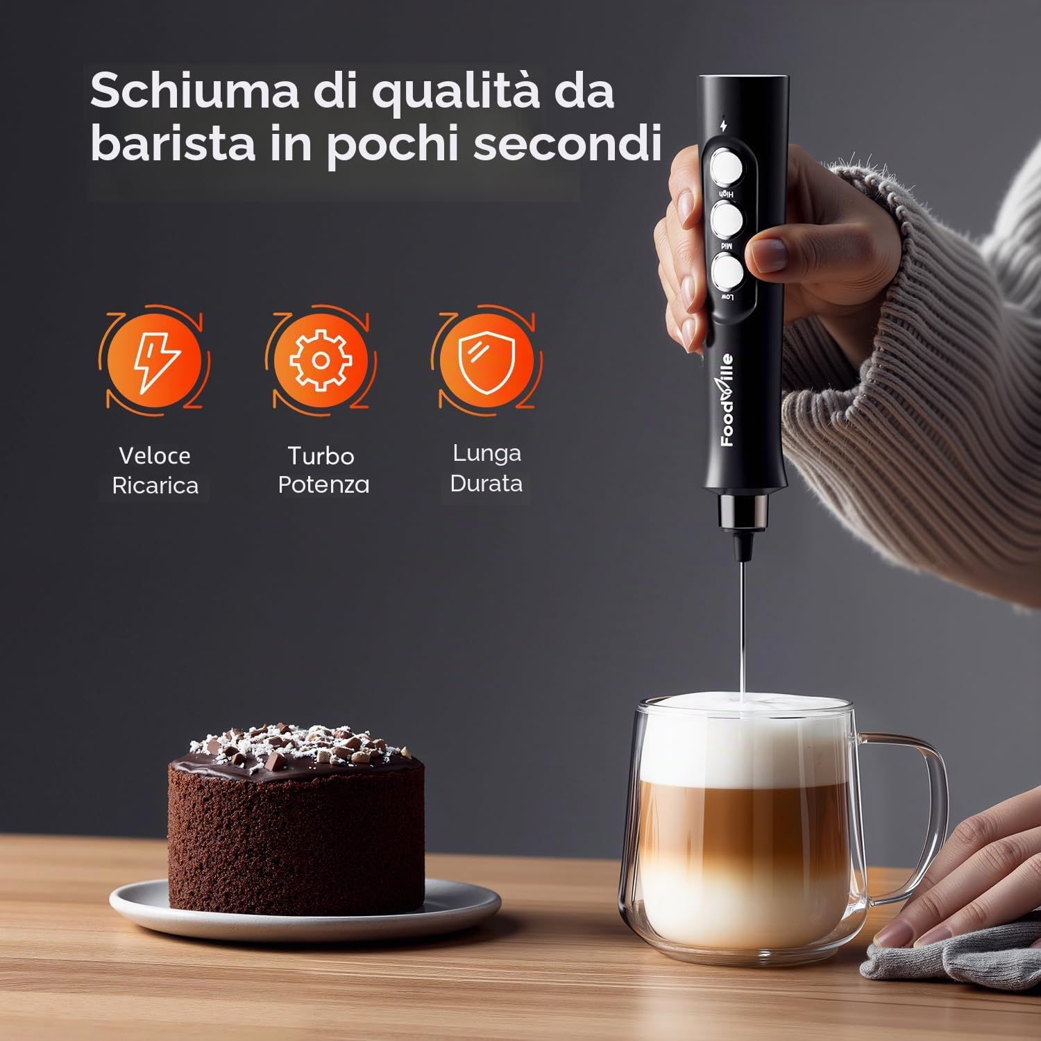 FoodVille MF02 Montalatte Elettrico USB Ricaricabile con Frusta Inossidabile per Cappuccino, Latte, Bulletproof Coffee, Dieta Cheto, Proteine in Polvere, Matcha